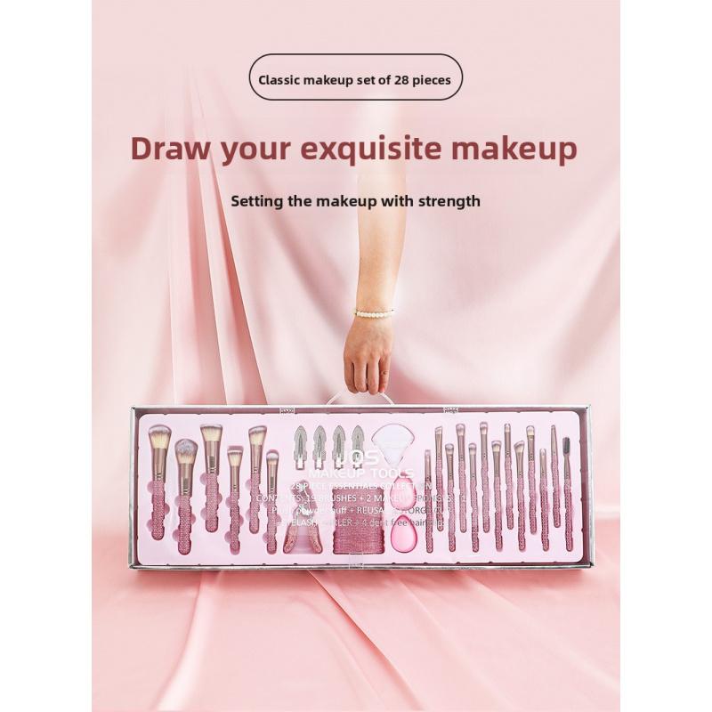 JOS 28-Piece Diamond Encrusted Makeup Brush Set for Women - Pink Glitter Brushes, Hand Bowl, Lash Tools, Full Beauty Kit for Flawless Looks, Luxurious Series, Nylon Bristles eyebrow  pluck birthday idea micro applicator brush dramatic metal curle fir get