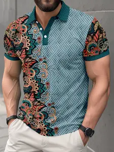 Light Blue Plaid Polo Shirt, Ethnic Mandala Floral Patchwork, Contrast Collar and Sleeves, Summer Men's Lightweight Casual Top