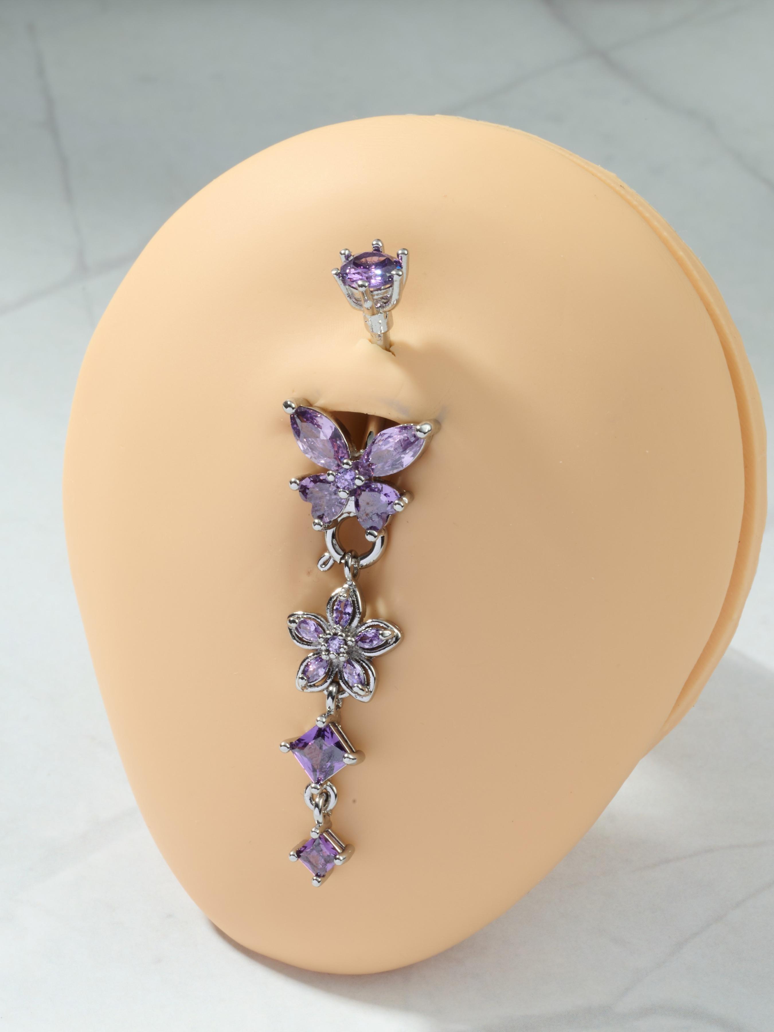 Detachable Flower Dangle Belly Button Ring Cute Butterfly Removable Belly Rings Stainteel Steel Navel Piercing Jewelry For Women, 10mm Silver Pink Purple Blue Belly Button Piercing Body Piercing 14Gauge