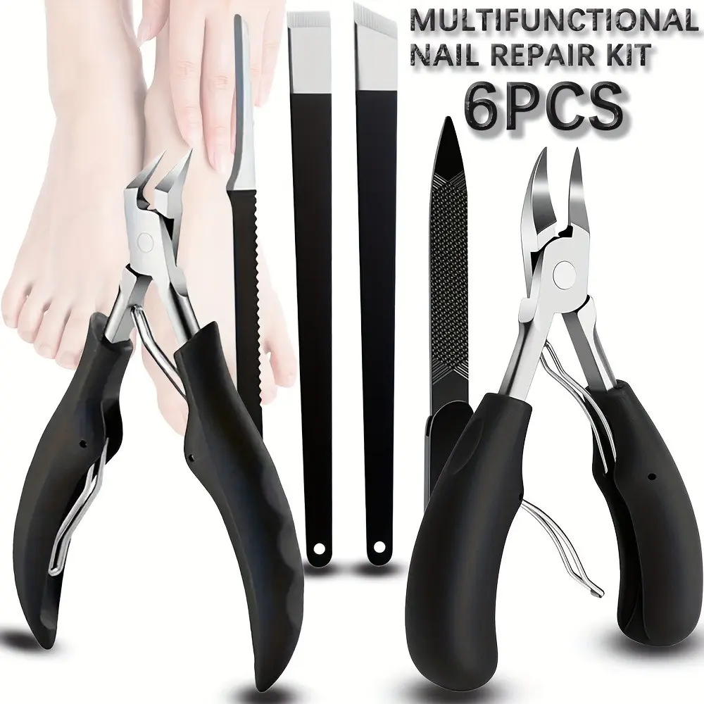 6 Piece Multi-Functional Manicure Tool Kit, Dual Claw Ingrown Nail Clippers, Dead Skin Remover, File, Home Thick Nail Care Set