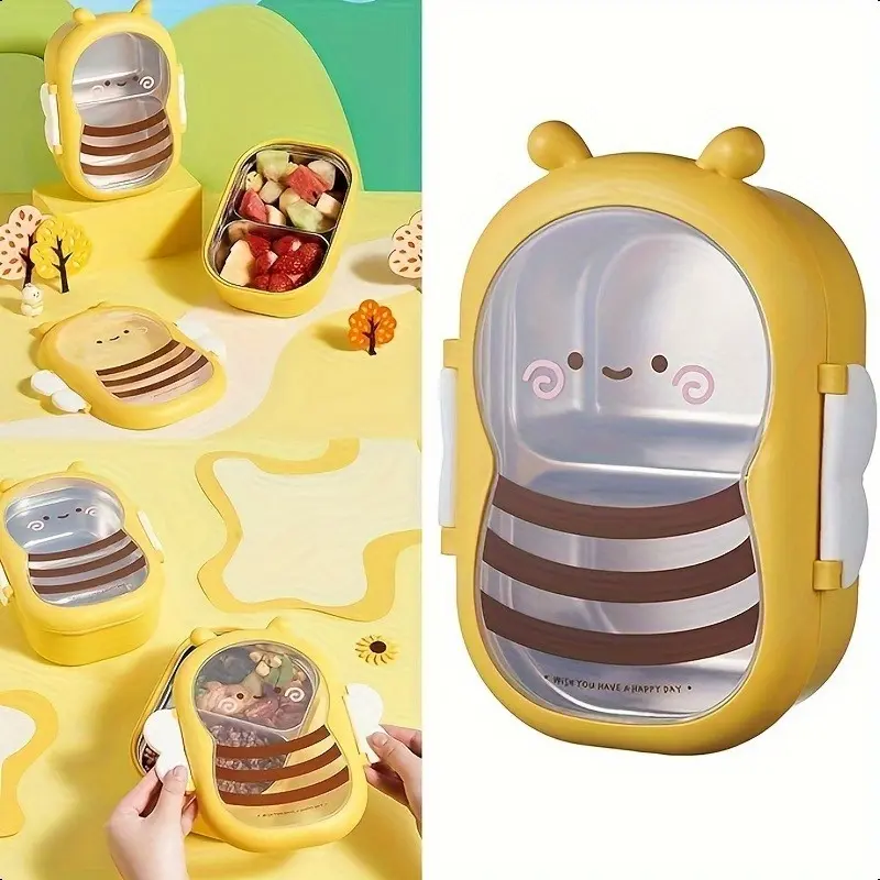 316 Stainless Steel Lunch Box with Plastic Lid – Leak-proof, 2-compartment design; suitable for hot and cold food; durable, microwave-safe, and portable rectangular container; ideal for camping, office use, travel, and picnics.