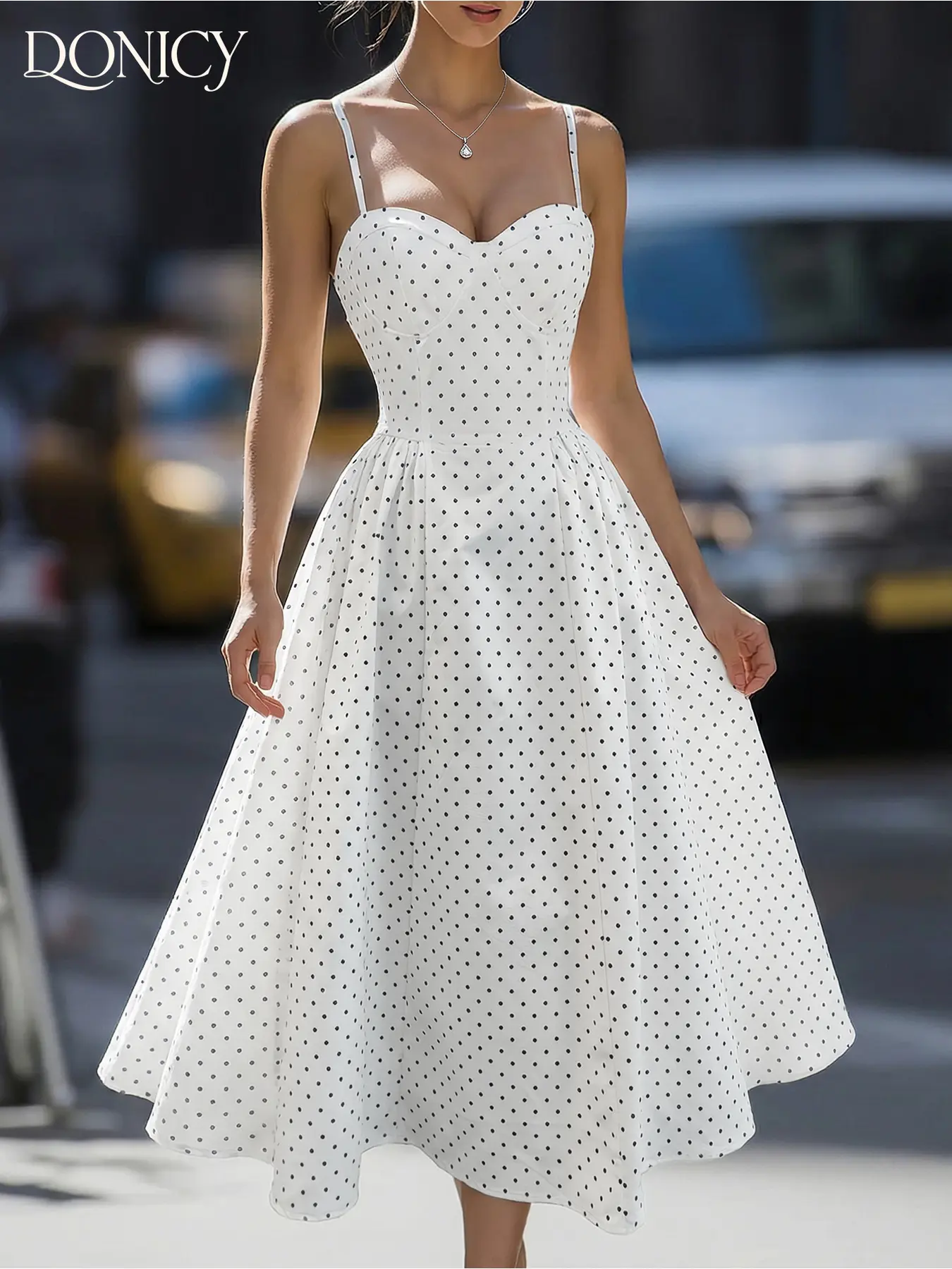 Women's White Polka Dot Heart Neck Ruffled Back Maxi Dress Four Seasons Fashion Elegant Going Out Date Party Evening Casual Outfit
