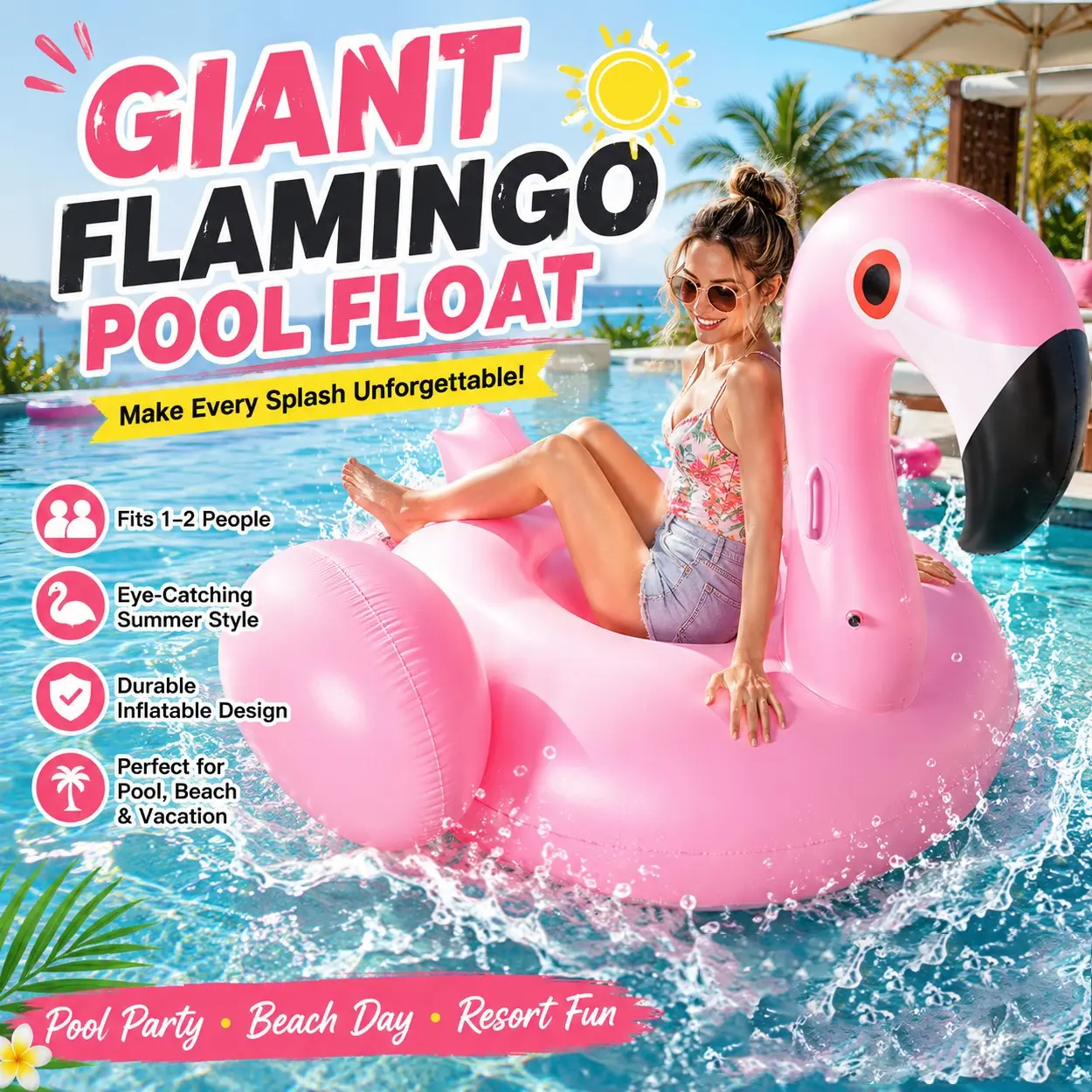 Giant Inflatable Flamingo Pool Float for Adults Pink Tropical Style, Ride-On Lounge Raft with Handles and Wide Seat, Durable PVC Water Float, Sunbathing Pool Lounger, for Pool, Beach, Lake, Resort Vacation, Summer Party, Sunbathing and Outdoor Relaxation