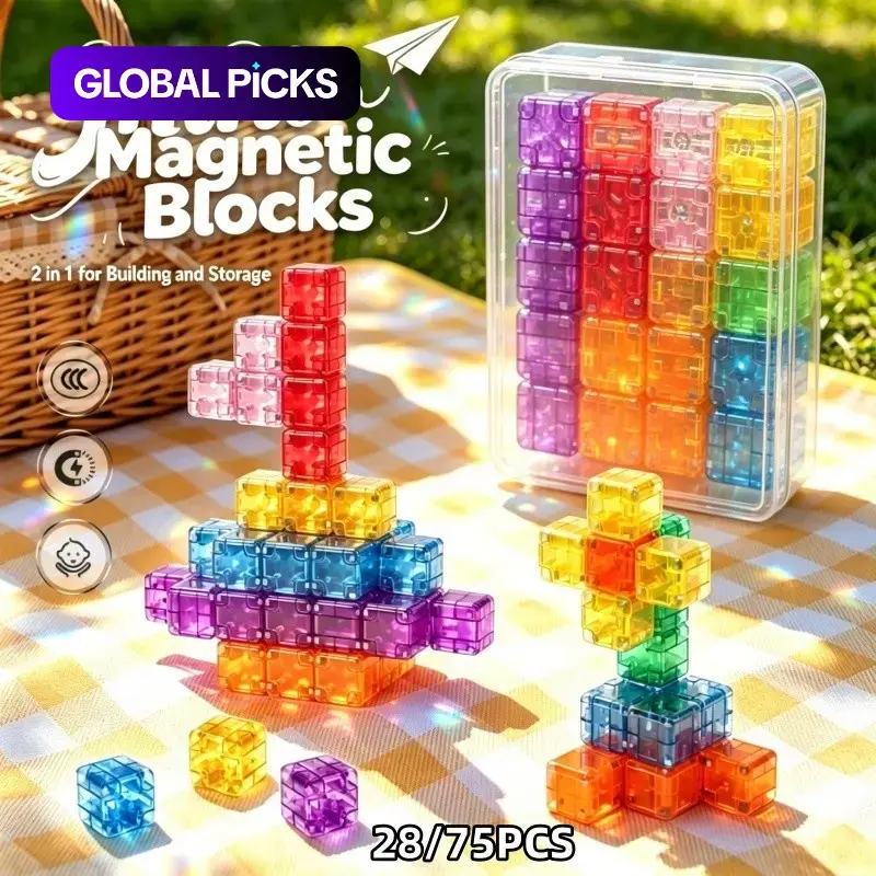 28/75pcs Magnetic Creative Building Blocks Set, Round Corner Storage Box, Stem Educational Toy, Suitable for Kids Aged 3+, Boys and Girls #GLOBAL PICKS