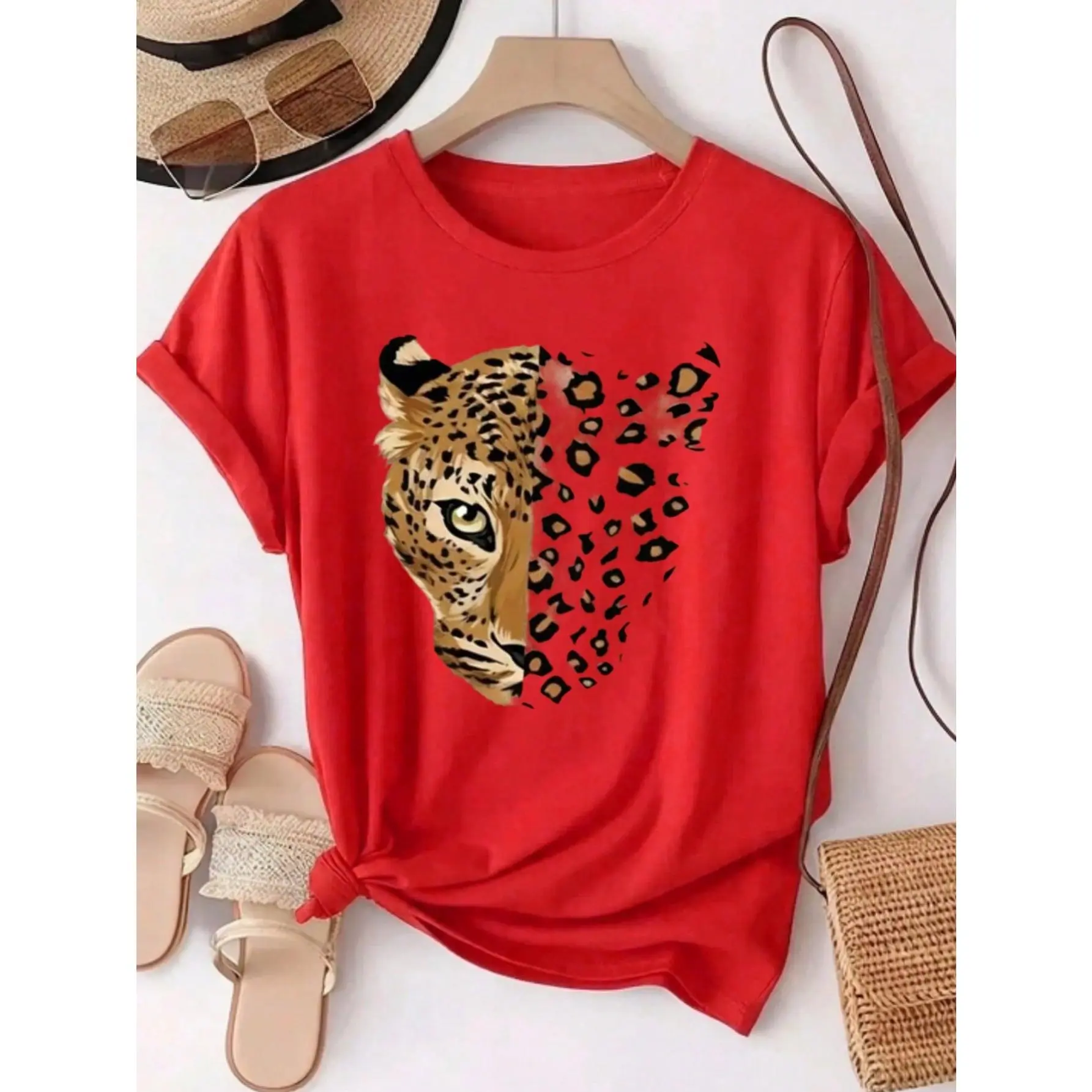 Leopard Print Colored Cotton T-Shirt ,Women's Colored Cotton T-Shirt Understated Luxury Casual Tee Y2K Style With Digital Print An Excellent Gift For Friends And Family Perfect For Easter Or As A Special Treat For Her