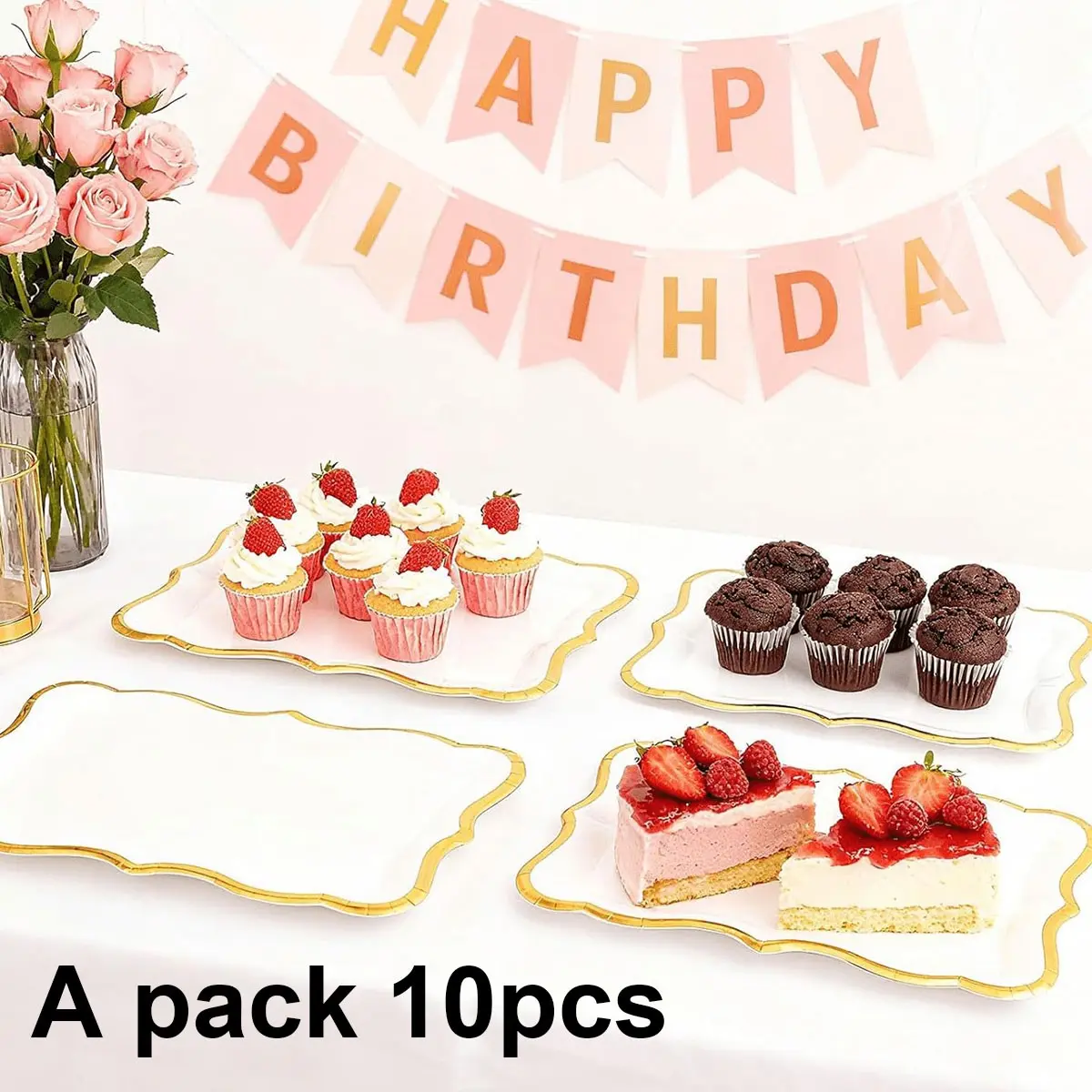 10 Elegant Rectangular Paper Plates, Perfect for Parties, Birthdays, Weddings, Cake Platters, Cookie Dishes, Disposable Dessert Plates