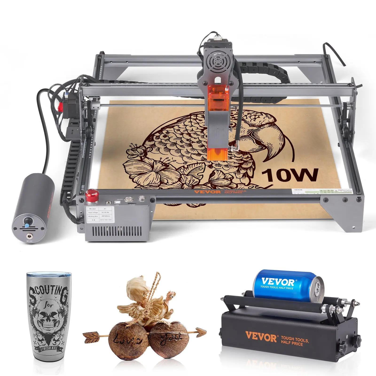 VEVOR Laser Engraver, 10W Output Laser Engraving Machine, 15.7" x 15.7" Large Working Area, 10000mm/min Movement Speed, Compressed Spot with Rotary Roller, Laser Cutter for Wood, Certain Metal