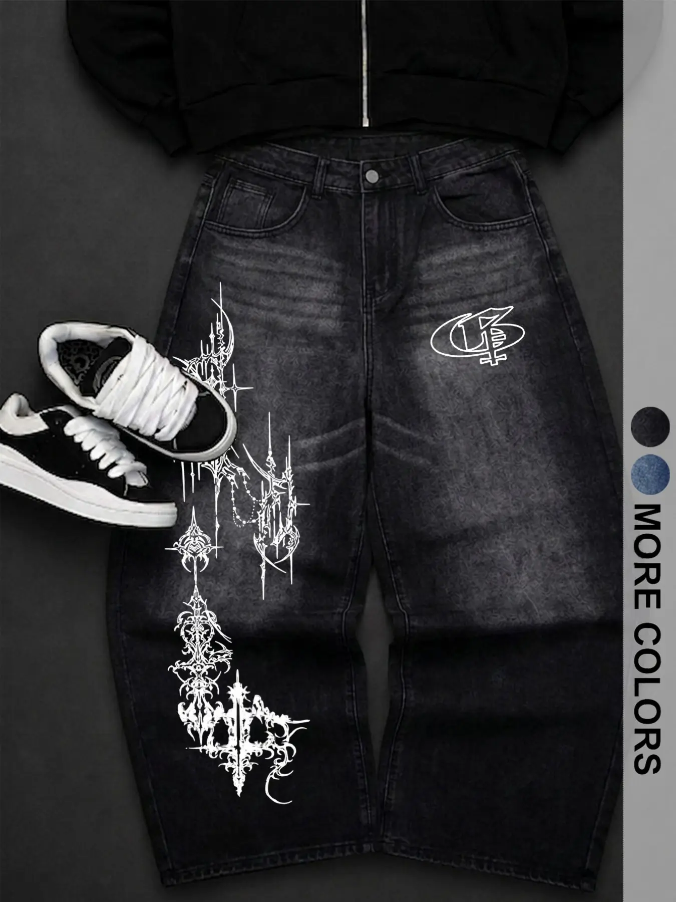 American Style Men's Cross Letter Print Jeans, Cotton Vintage Washed High Waist Straight Leg, Streetwear Unisex Fall Winter