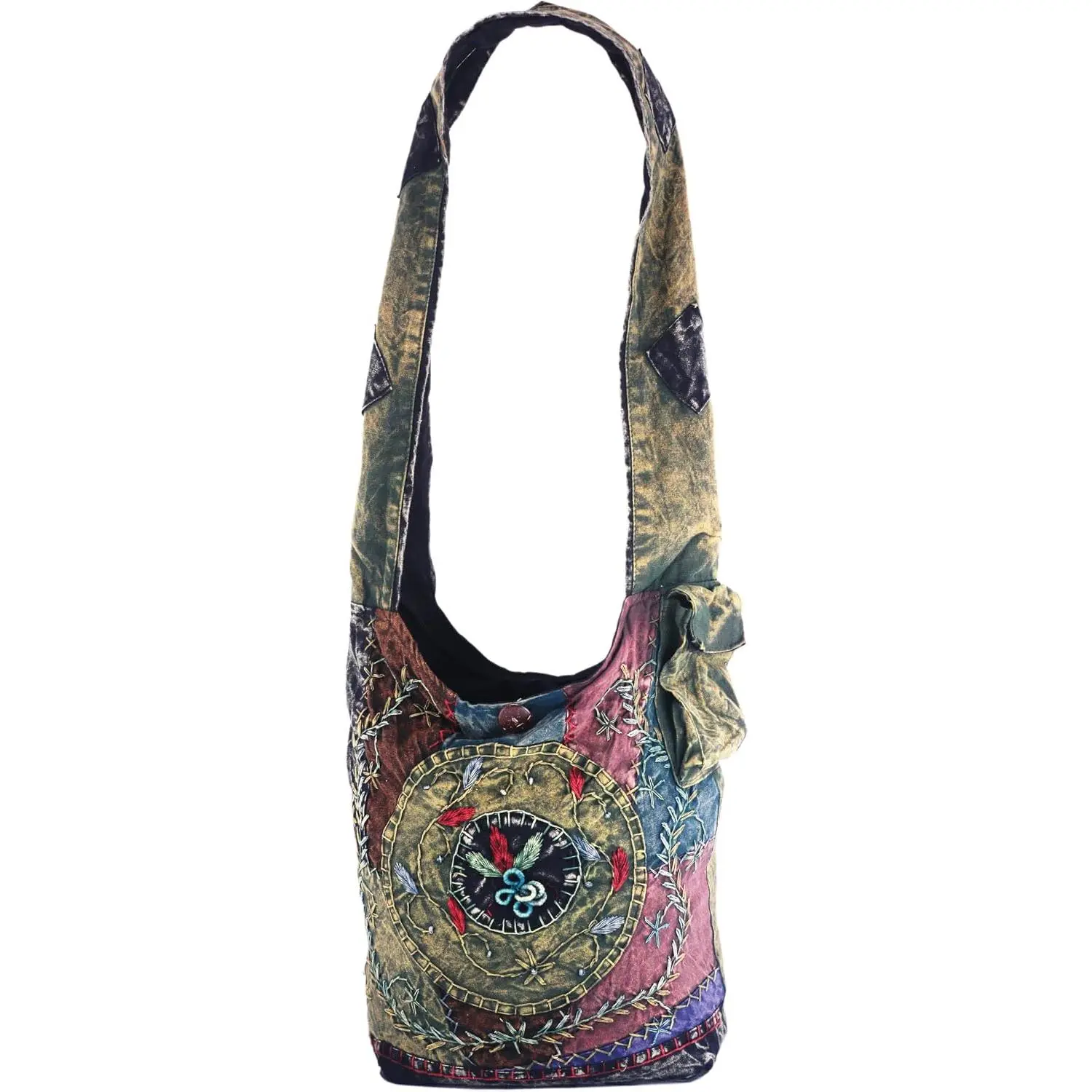 Jacquard Crossbody Bag, Large Size, Top Zip Closure, Embroidered Hobo Purse, Patchwork Design