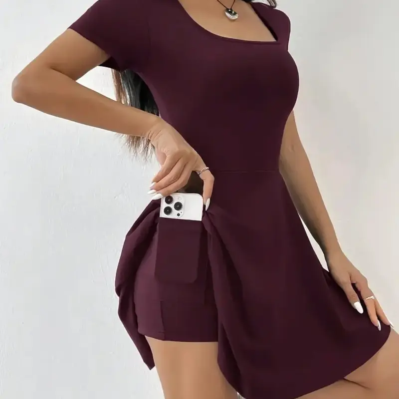 Women's Plain Short Sleeve Breathable Elastic Dress with Pocket Design, 1 Count Piece Elegant Chic Casual High Stretch Fit Dress for Summer, Ladies Clothes Womenswear for Daily Wear Dresses with Pockets