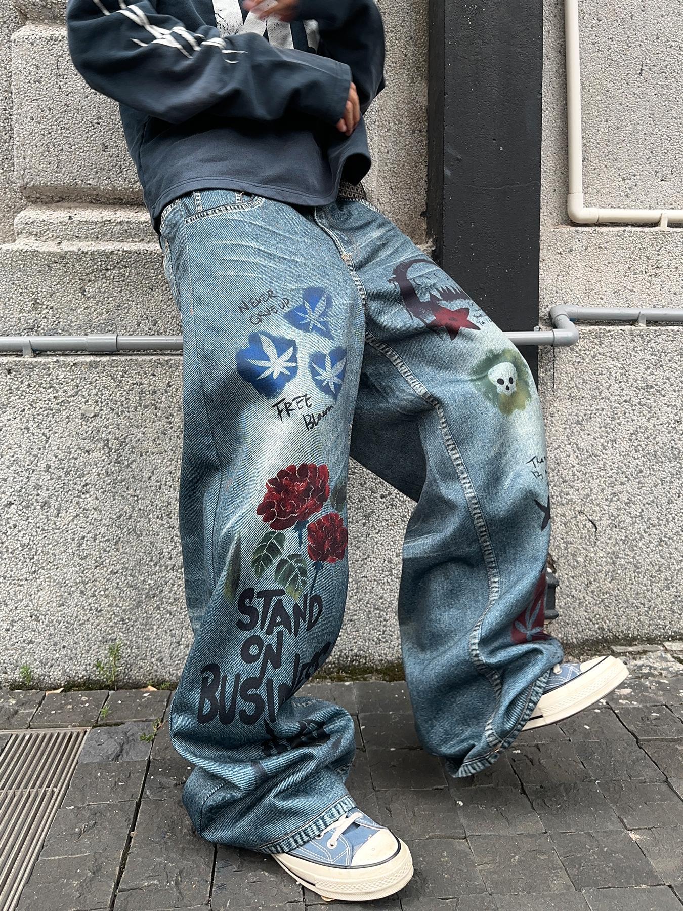 Men's Star Patched Denim Effect Print Pocket Wide Leg Pants, Loose Street Fashion Casual Pants for Daily Wear, Men's Bottoms for All Seasons, Casual Comfy Pants, Star Print Pants, Ripped Streetwear