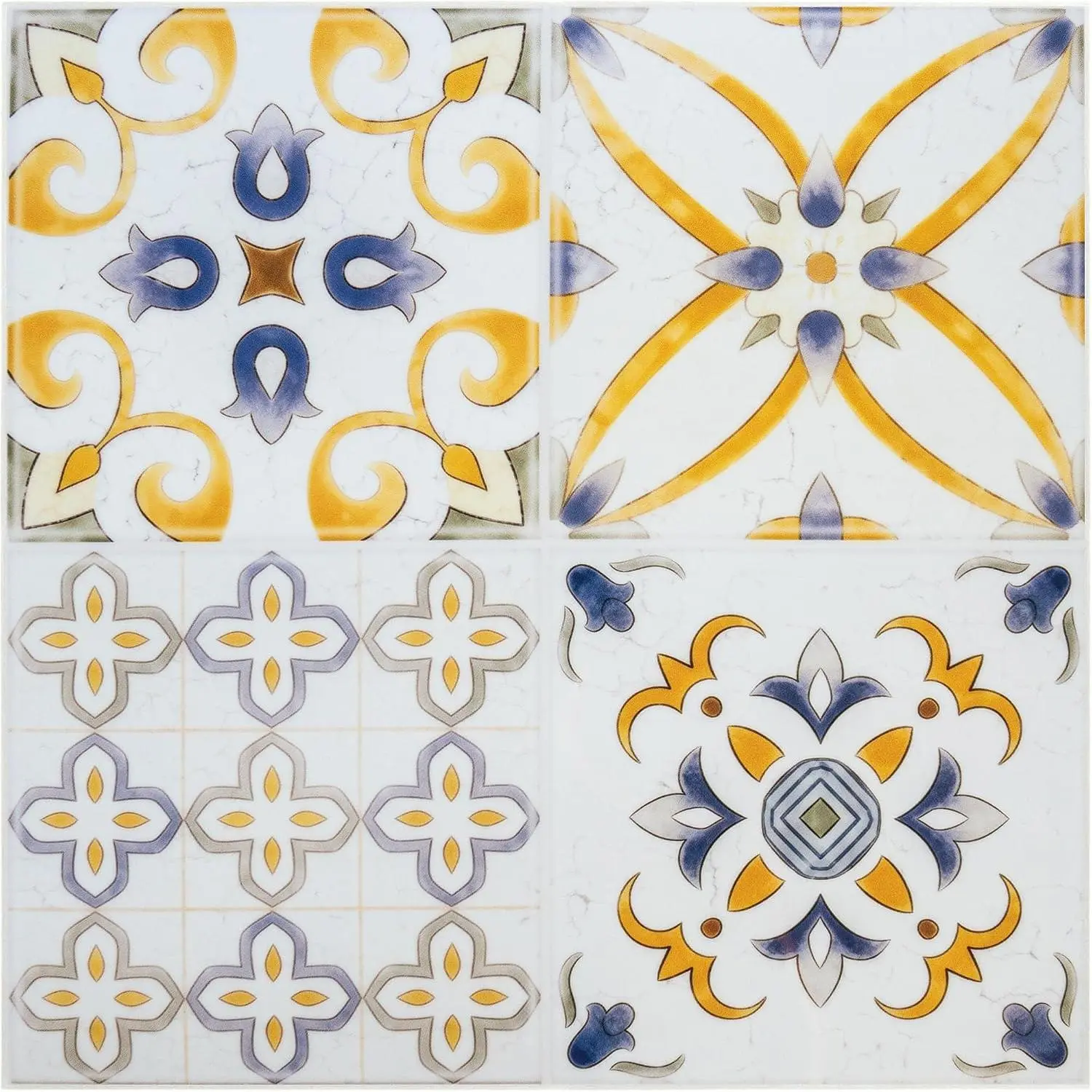Self-Adhesive Square Vinyl Backsplash Tile Stickers, 6 Sheets 9x9 Inch Mediterranean Boho Peel-and-Stick Tiles for Kitchen, Bathroom