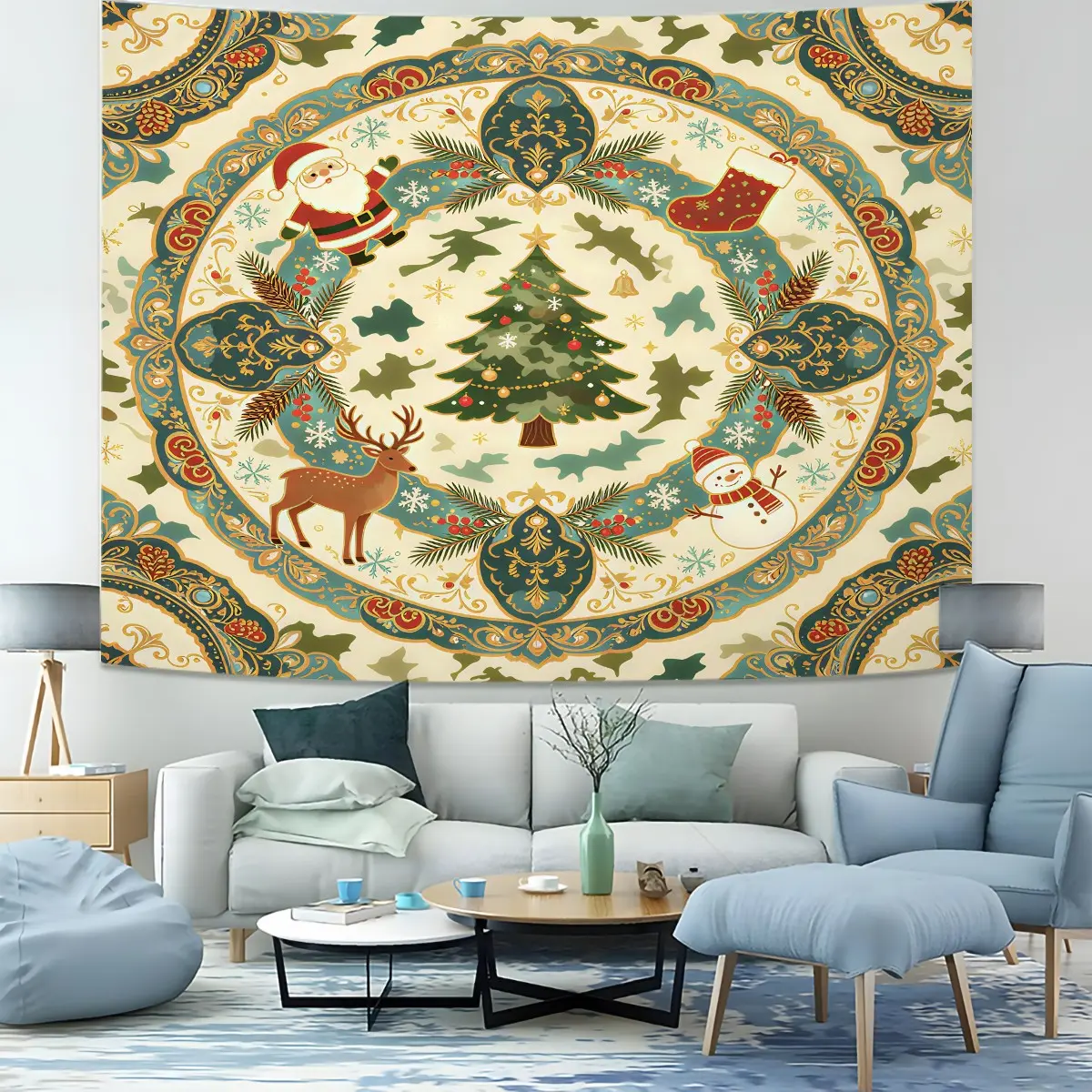 Vintage Circular Pattern Camo Santa Snowman Reindeer Tapestry, Fashion Wall Hanging Tapestry, Wall Decor For Whole House Living Room Rental Dorm Renovation