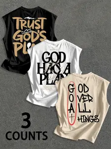Men's Summer Tank Tops 3-Pack, Letter Print, Casual Round Neck Sleeveless, Comfortable Fit, Ideal for Daily Wear, Gym, Outdoor Activities