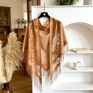 New Solid Color Velvet Triangle Scarf, Hollow Out Lace Fringe Shawl, Breathable Elegant Dressy Wrap Cape for Women Outfit Matching clothes