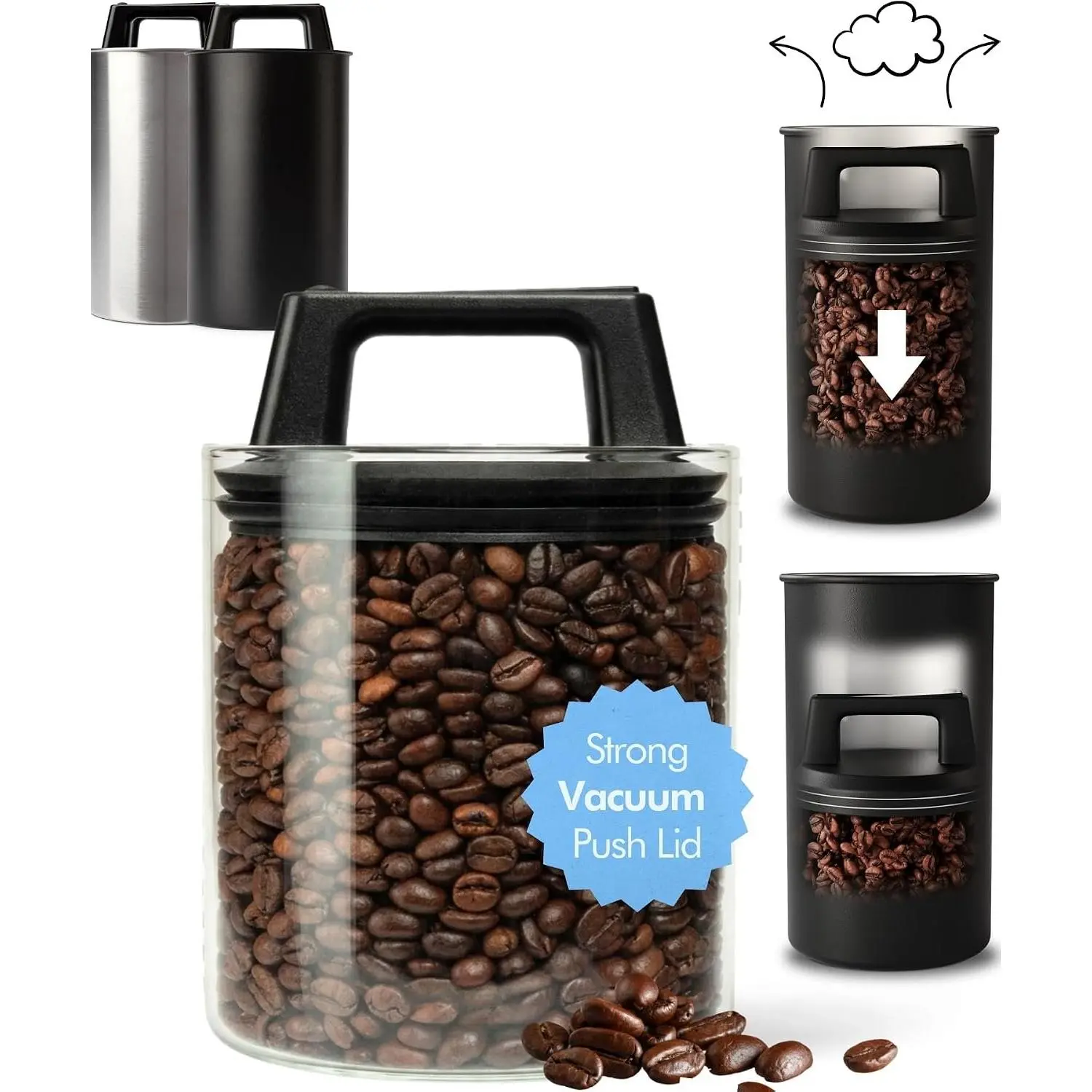 Vacuum Coffee Canister (Glass) - Push Lid Preserves Coffee Aroma & Oil - Stainless Steel Airtight Coffee Canister - Coffee Container for Ground Coffee & Coffee Bean Storage - Removes Excess Air