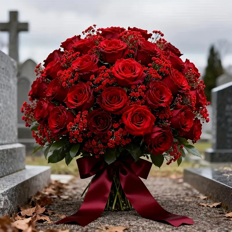 UV Resistant 44pcsArtificial Grave Flowers, 36Pcs Red Baby Breath +8Pcs Red Roses, Realistic Outdoor Cemetery Memorial Bouquet, Low Maintenance Tombstone Decor