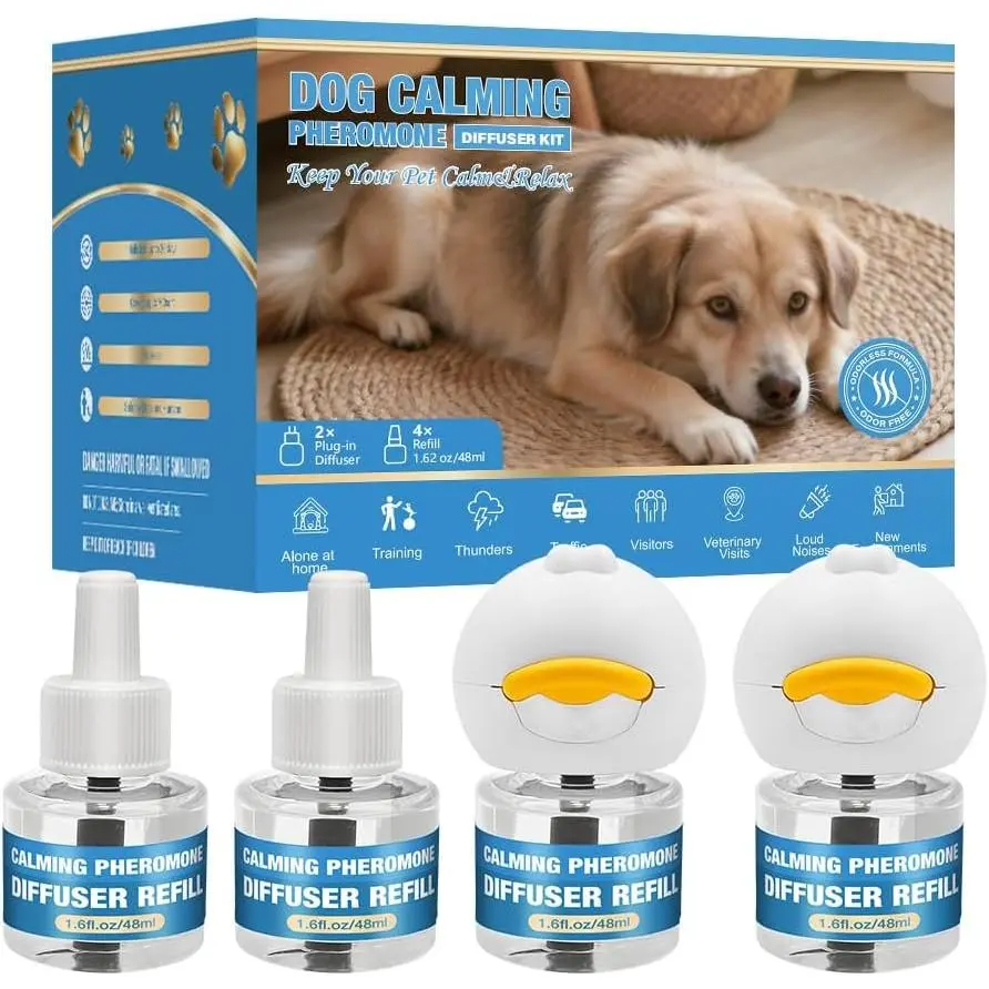 Dog Calming Diffuser for Dogs, 2 Diffusers + 4 Refills, Helps Relieve Anxiety, Stress, Barking, Hyperactivity & Nervous Behavior, Long-Lasting Calming Support for Home Use