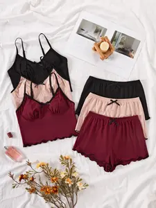 3-Piece Women's Tank Top Shorts Set, Bow Small V-Neck Simple Elegant Comfortable Home Pajama Set, Casual Sleepwear for Ladies