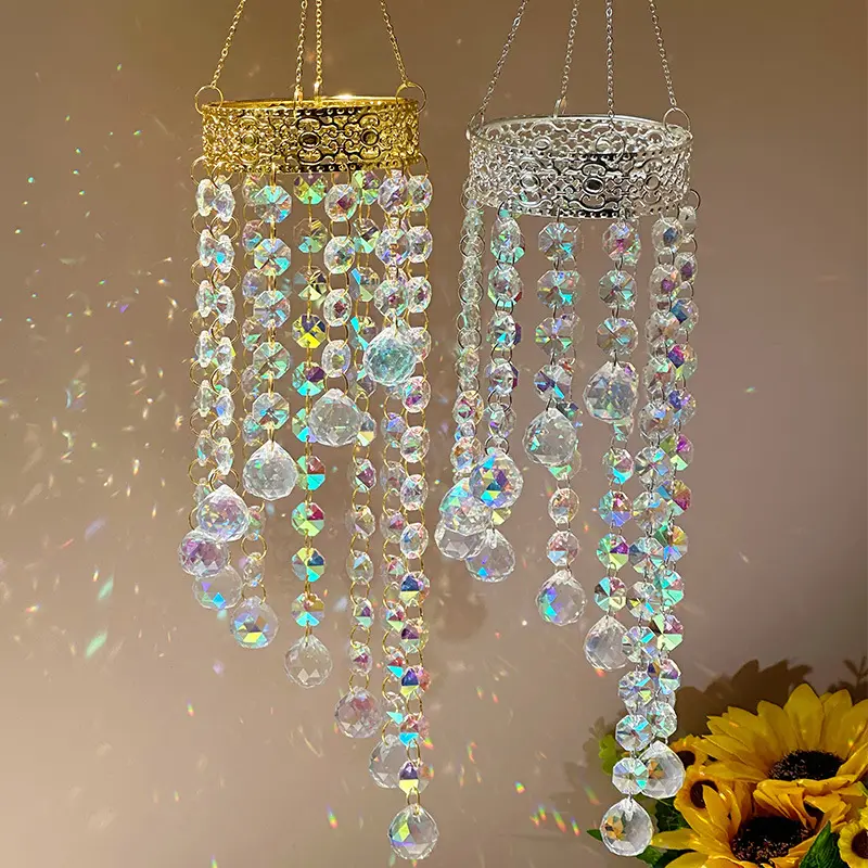 Crown Top Multi Tassel AB Crystal Suncatcher Rainbow Maker, Layered Hanging Crystal Prism Ornament, Window Curtain Pendant Decor for Home Balcony Garden Wedding, 2 Color Options Gold Silver Frame