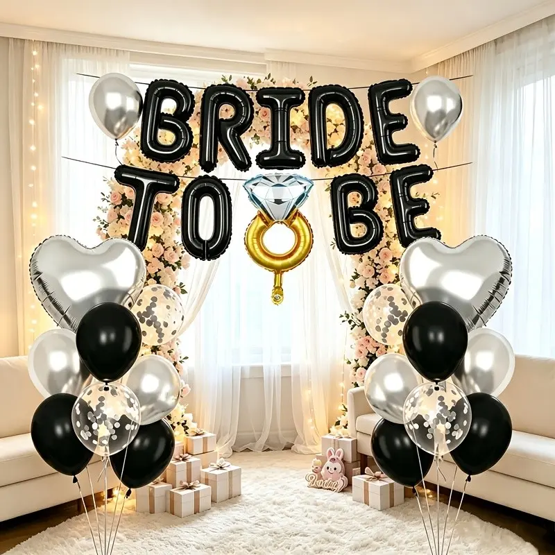 32Pcs Black & Metallic Silver Bachelorette Balloon Decor Set, BRIDE TO BE Letter Balloon, Heart and Diamond Ring Foil Balloons, Silver Confetti Latex Balloons, Party Supplies for Wedding, Proposal, Bridal Shower, Bedroom Decor, Indoor Outdoor Photography