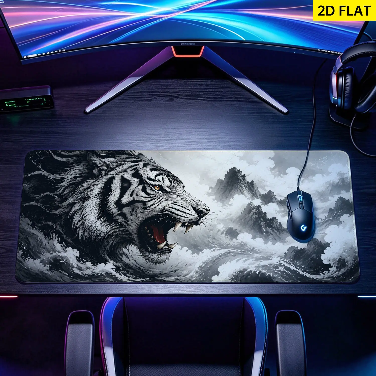 Extra Large Roaring White Tiger & Stormy Mountains Gaming Mouse Pad, Rubber Base, Anti-Slip, Multi-Size, Desk Protection, Lock Edge, Washable Premium Pad for Office Desks, Gift for Family and Friends, Gaming Mouse Pads