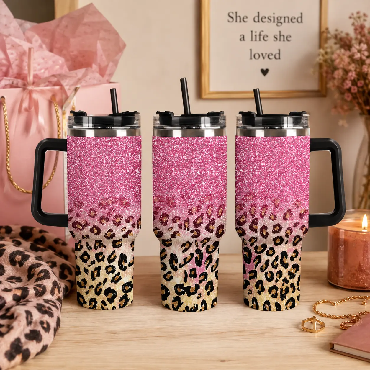 Luxury Gold Glitter Leopard 40oz Tumbler |   Chic Black & Gold Cheetah Print Travel Mug |   Trendy Sparkle Ombre Insulated Cup with Handle |   Stainless Steel Vacuum Water Bottle for Coffee & Water Stylish Gift for Her