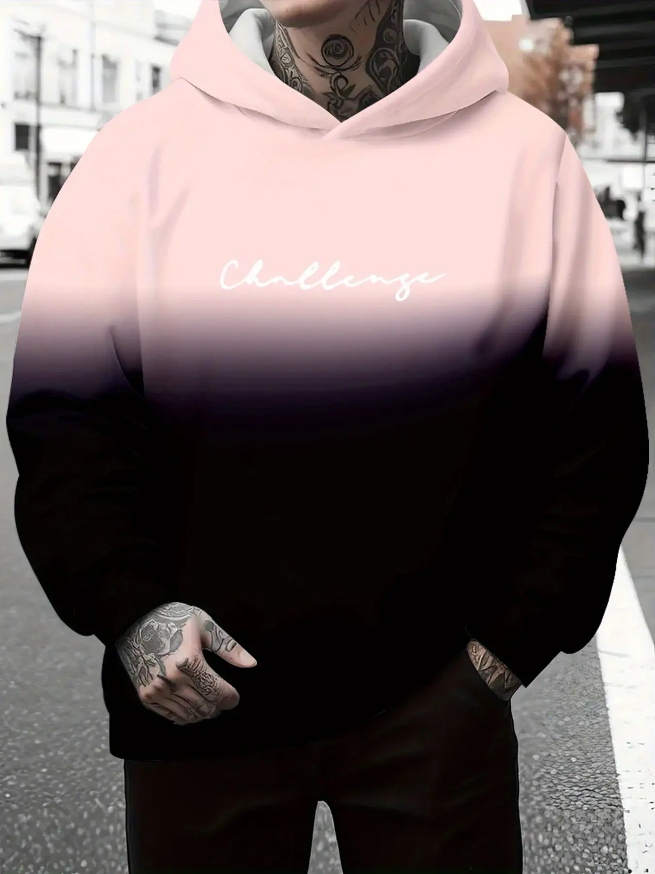Gradient Color Hooded Sweatshirt for Men, Casual Pullover Hoodie with Graphic Letter Print, Korean Style Loose Fit, Fall & Winter