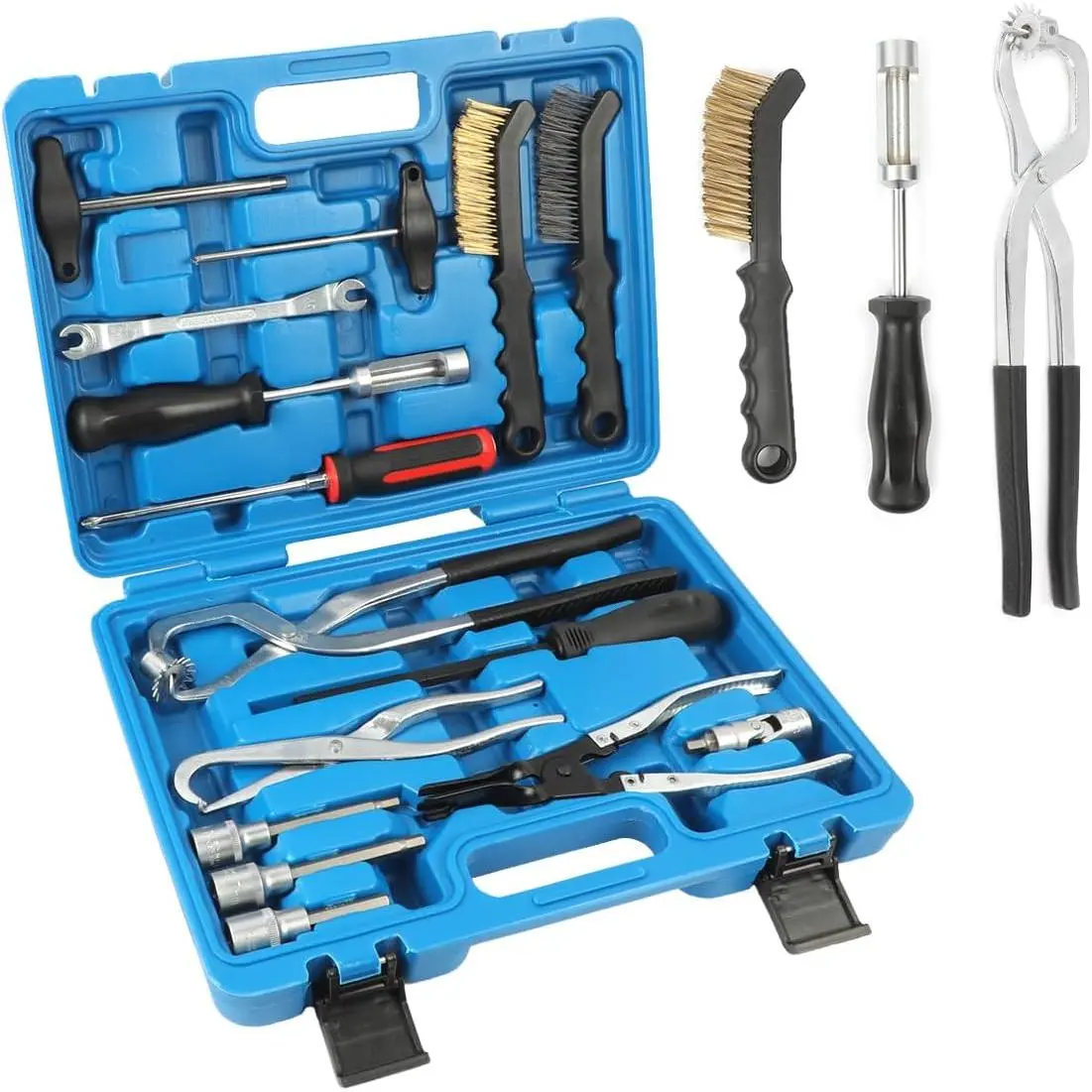 15-Pieces Automotive Drum & Disc Repair Tool Kit - Labor-Saving Drum Spring Installer, Remover, Adjuster, Anti-Rust Spring Pliers, Compressor, Puller & Caliper Cleaning Accessory