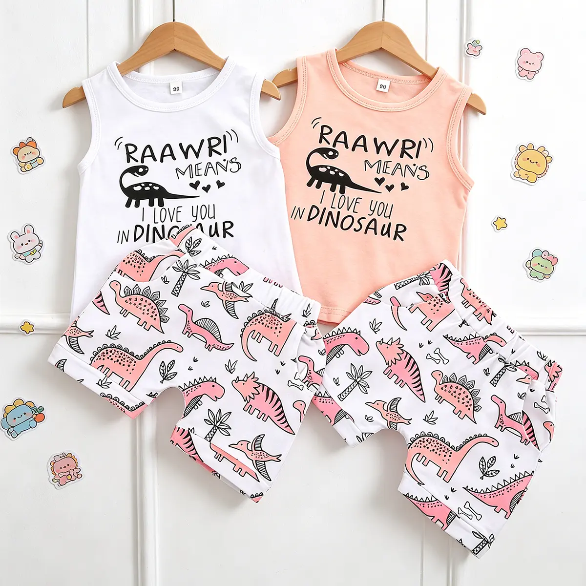 Little Baby Vest and Shorts Suit Cartoon Letter Sleeveless Tops and Dinosaur Plant Short Pants