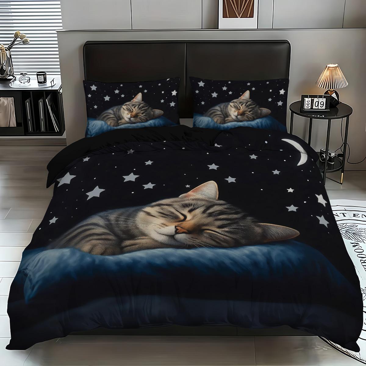 3pcs Cat sleeping pattern printed bedding set, 1 quilt cover and 2 pillowcases, breathable polyester fiber, suitable for all seasons, suitable for teenagers and adults' bedrooms, home decoration, Soft Bedding Set