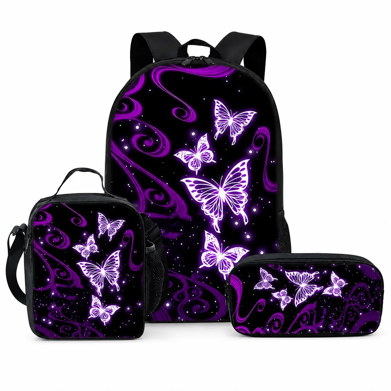 3PCS Backpack Set, Purple Butterfly Print School Backpack with Lunch Bag and Pencil Case, Black Galaxy Swirl Graphic Large Capacity Oxford Cloth Bookbag, Lightweight Travel Bag with Adjustable Shoulder Straps, Back to School Gift