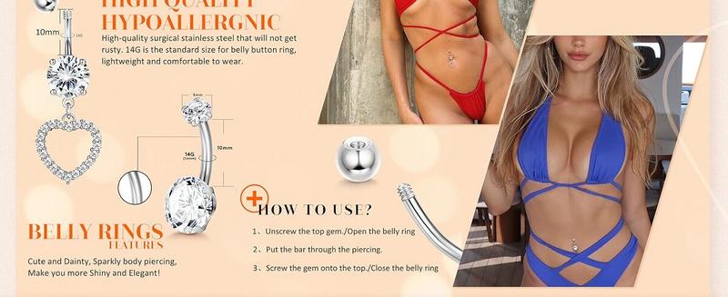 Trendy 14G Belly Button Piercing Rings for Women  Surgical Stainless Steel with Cute CZ Flower Butterfly and Heart Designs Dangle Navel Piercing Jewelry