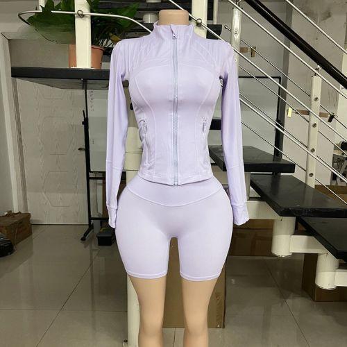 Breathable Elasticity Gym Set - Women's 2 Piece Workout Set Zip-Up Jacket & Shorts - Casual Activewear for Fitness & Athleisure Trend