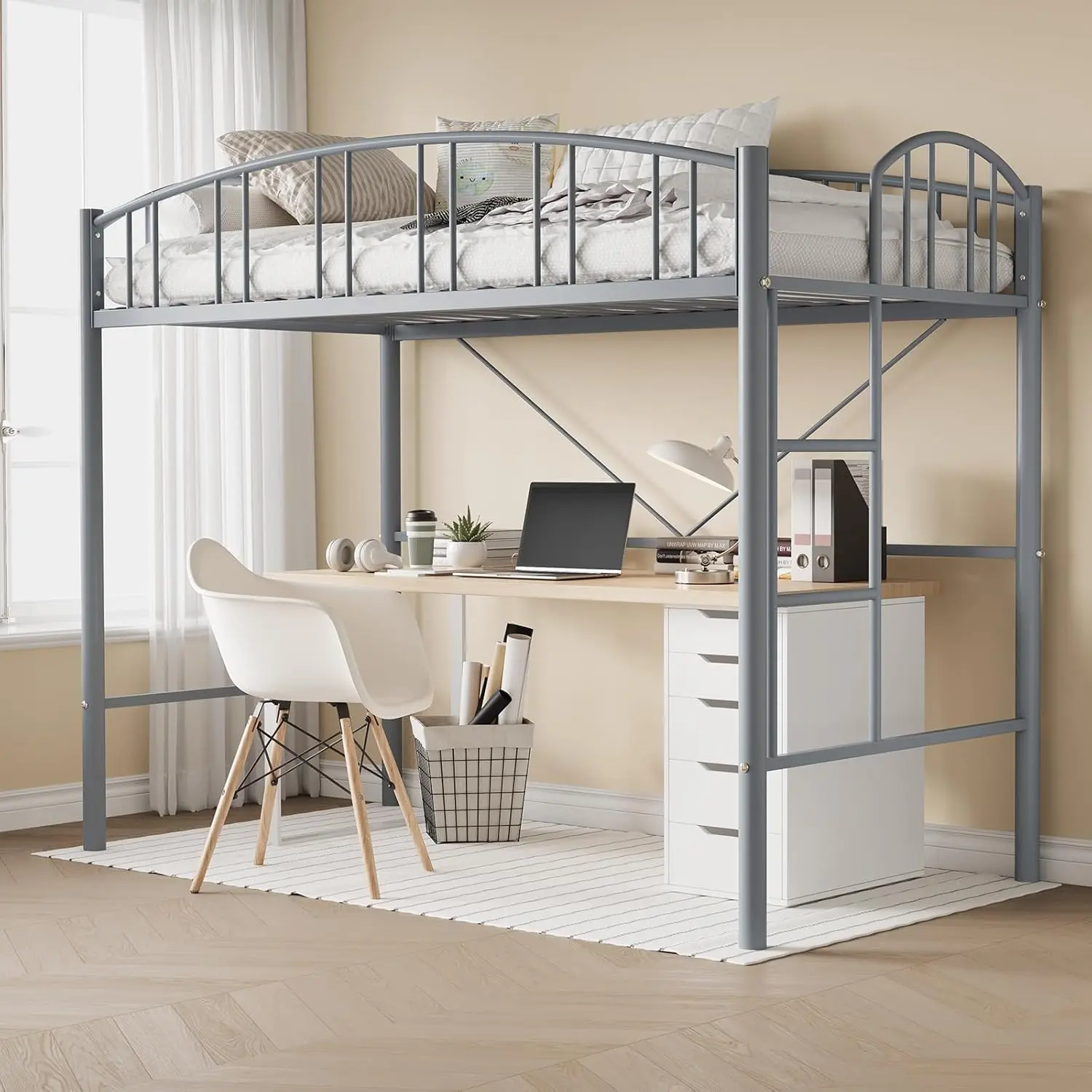 Twin Size Heavy Duty Metal Loft Bed with Ladder, Arched Guardrail, Sturdy Steel Slats Support, Space-Saving Design, No Box Spring Needed, Secure, Durable for Kids and Adults, Supports Both Kids And Adults