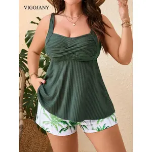 VigoJany 2026 Green 2 Piece Plus Size Tankini Swimwear Women Large Print Shorts Curvy Dress Swimsuit Lady Big Beach Bathing Suit
