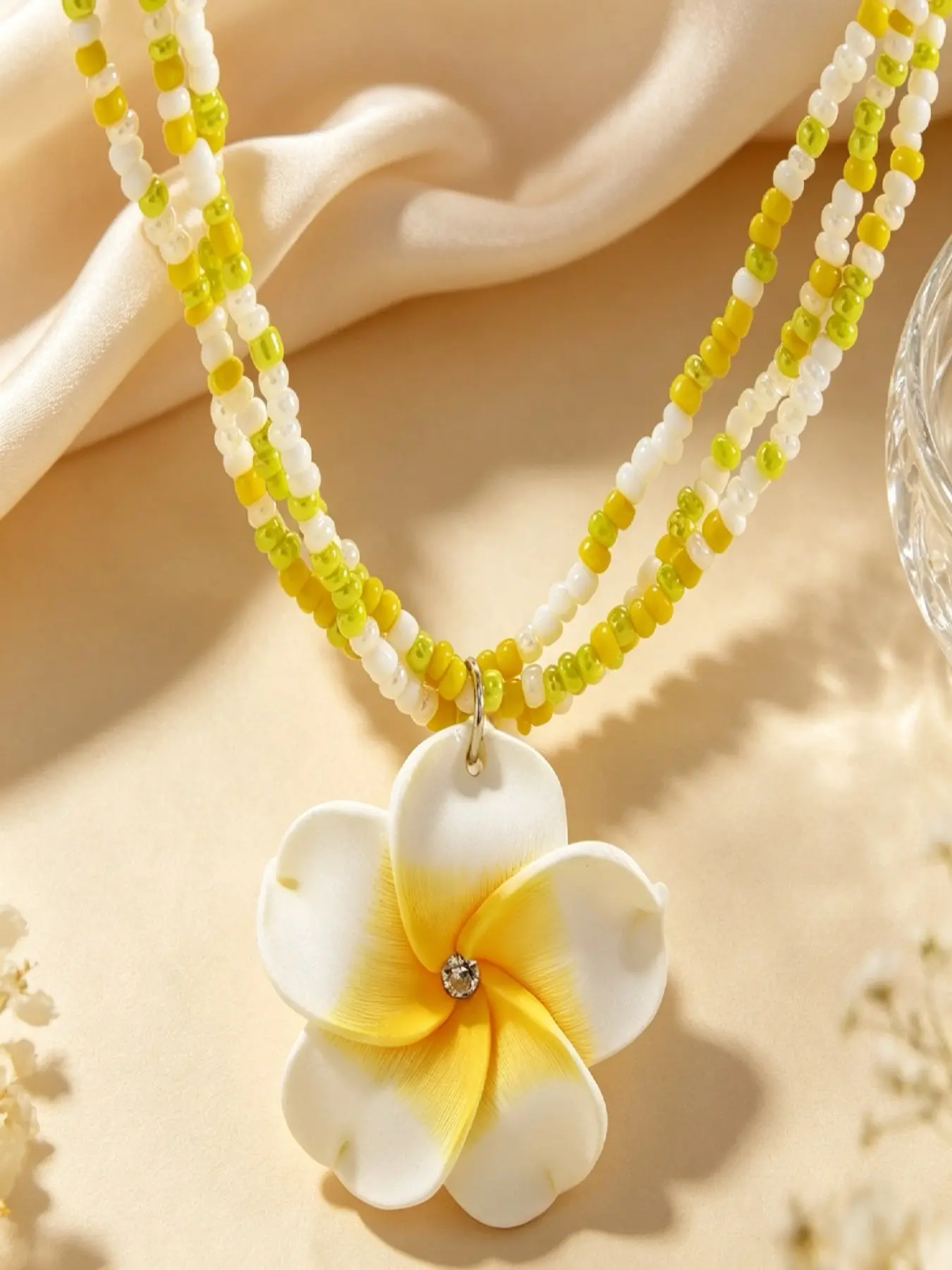 Boho Multi-Layer Beaded Necklace, Vacation/party Jasmine Flower Polymer Clay Pendant, Elegant Jewelry for Special Occasions