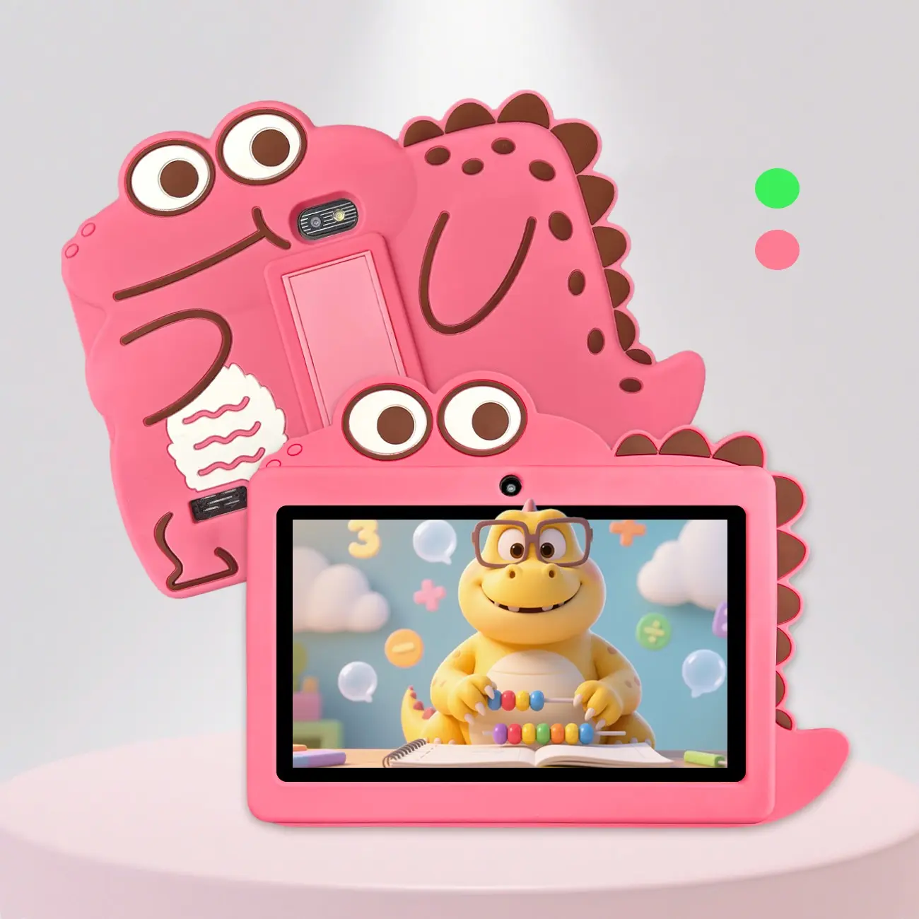 7-inch Android 12 kids learning tablet, Tablet computer, safe parental mode filters content, educational games, shockproof case & dual cams, Google Play ready, manage screen time, green/pink, holidays & back-to-school. Power adapter not included
