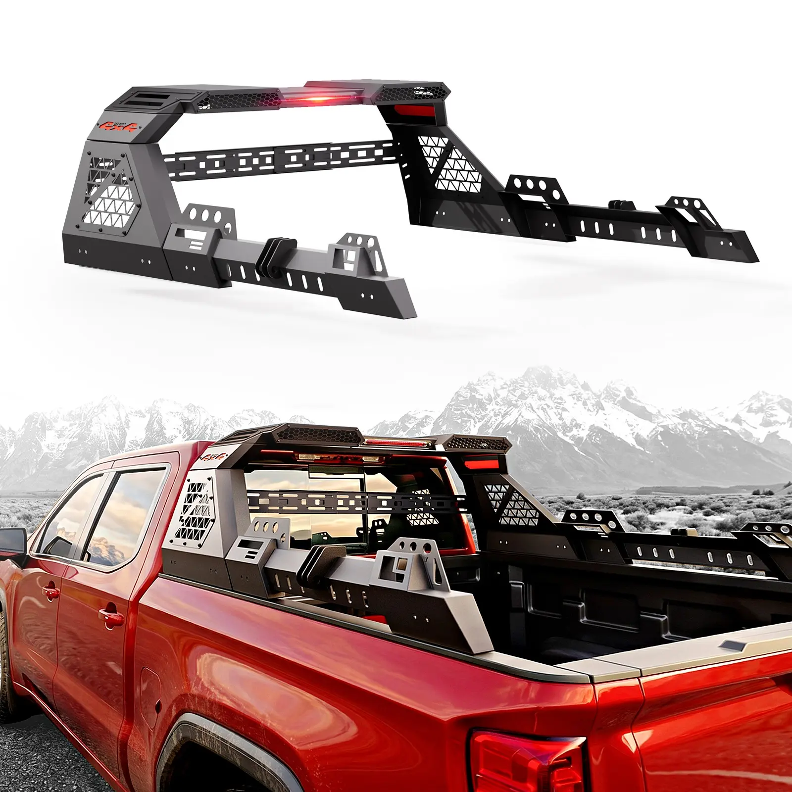 Carbon Steel 56-65" Dual-Height 4x4 Roll Bar Chase Rack with LED Lights, Automotive Accessories, Vehicle Accessory for F150, Silverado, Ram, Tacoma Pickup Truck Exterior Roof Rack