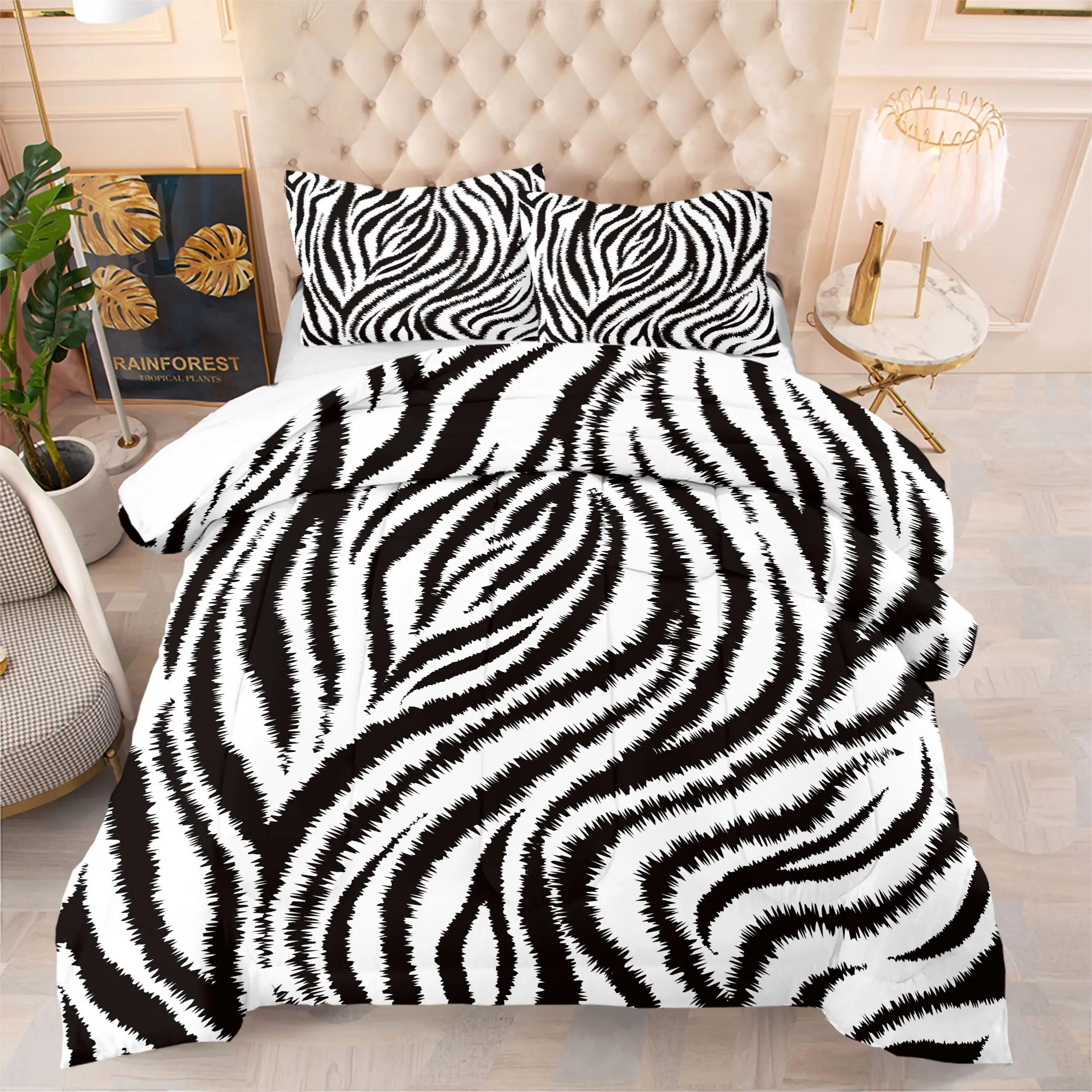 Retro Safari Allover Zebra Fur Print Comforter Set, Bedding Set, Includes 1 Comforter and 2 Pillowcases, Continuous Black White Zebra Stripe Pattern Print, Gift for Kids, Teens and Adults, Minimalist Chic Gift for Urban Decor Fans