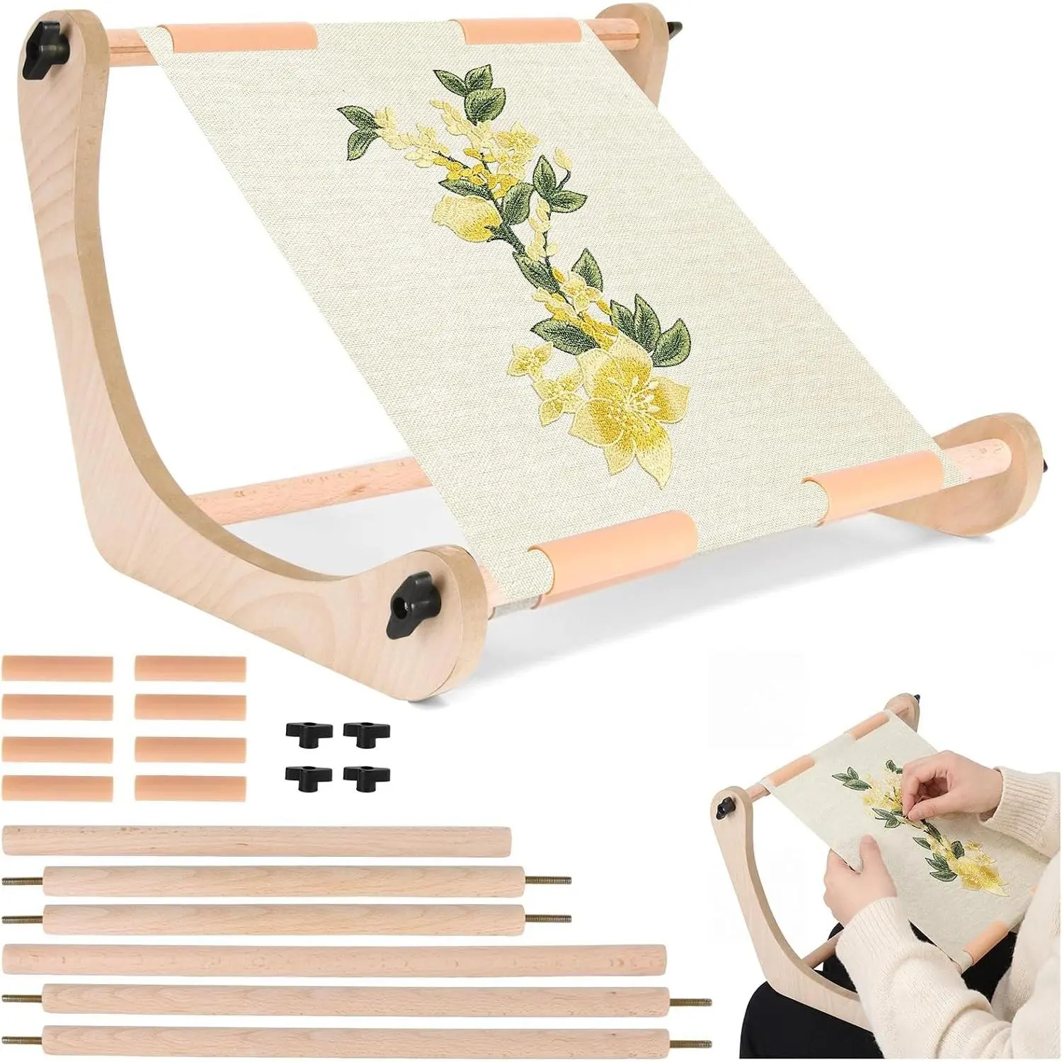 Adjustable Embroidery Stand with 2 Size Rods 11.8" & 15.5", Wooden Cross Stitch Hoop Holder for Cross Stitch, Needlepoint, Quilting, and Sewing, Hands-Free Lap or Table for Stable Stitching