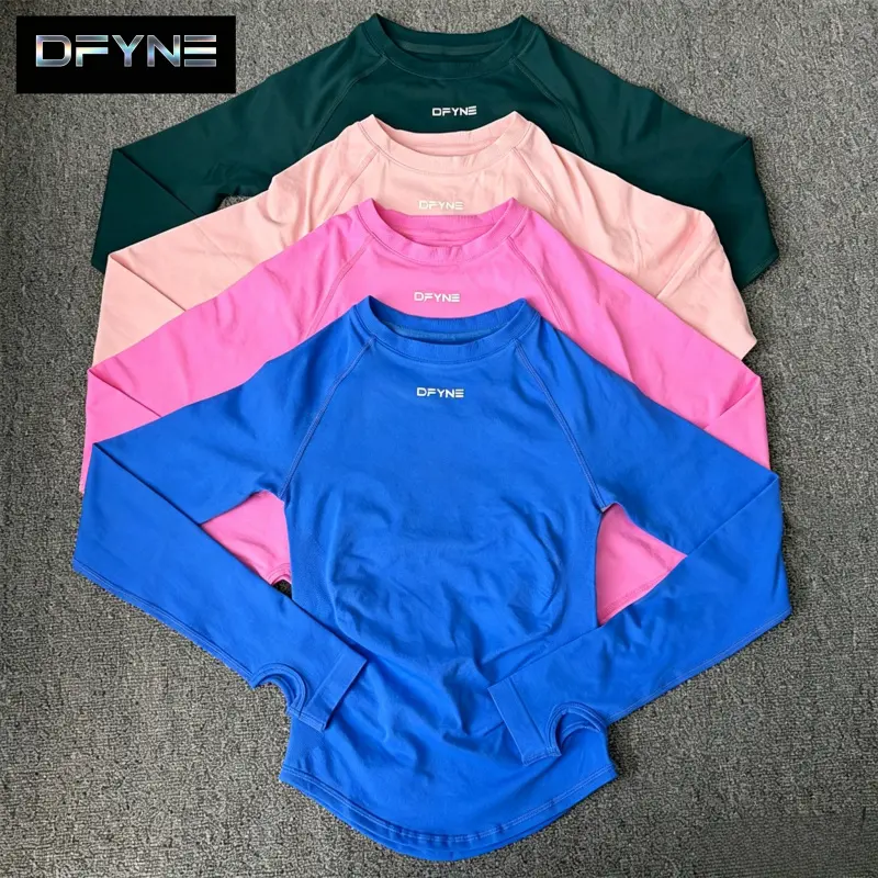 DFYNE Round Neck Thumb Hole Long Sleeve T-Shirt Women - High Stretch Breathable Slim Fit Yoga Pilates Workout Top, Tops For Women, Clothes For Women