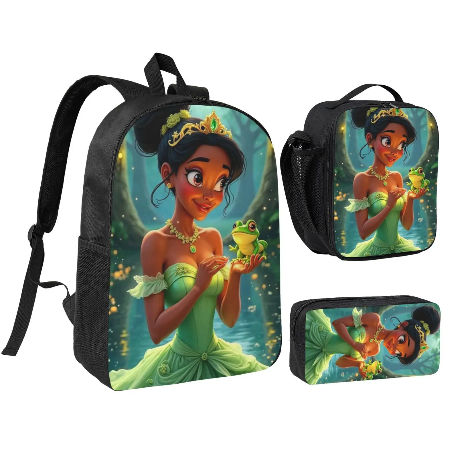 Anime Tiana Kids 3Pcs Multipurpose Teen Backpack Set with Adjustable Shoulder Straps, School Bookbag, Insulated Lunch Box & Pencil Bag for Boys Girls Daily School Travel Office
