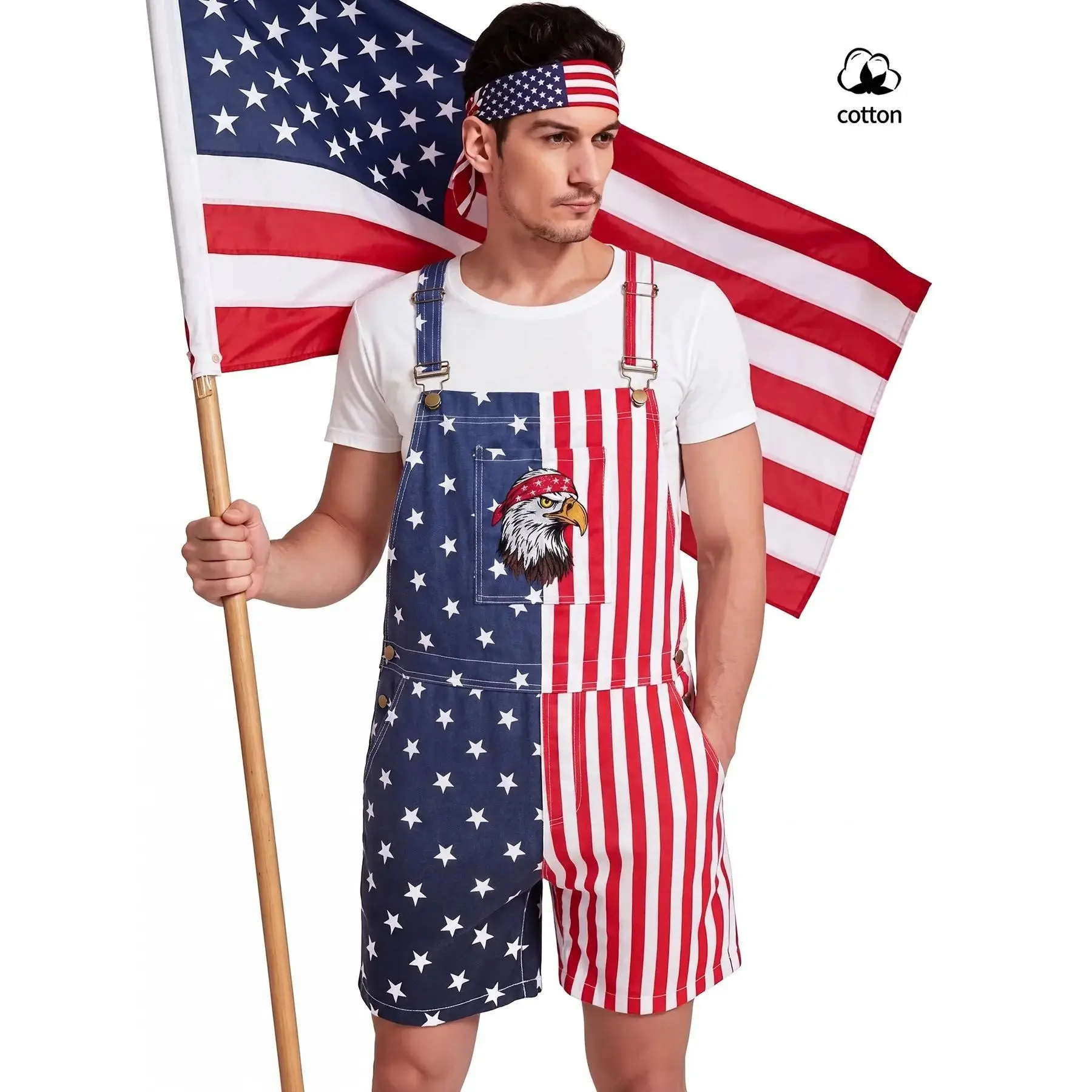 Men's American Flag Star Striped Denim Usa Print Jumpsuit Overalls, Adjustable Shoulder Straps, Large Pockets, Casual Summer, Usa Independence Day Theme, Menswear