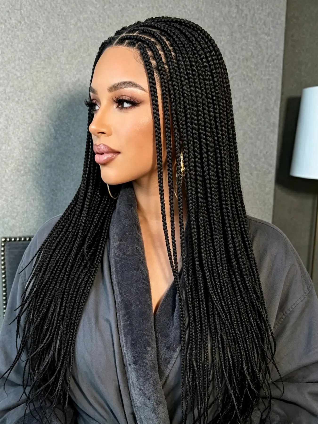 Breathable African Braids with Lace Details, 24-Inch Medium-Length Thin Braids, Checkered Pattern, Lace Daily Head Scarf