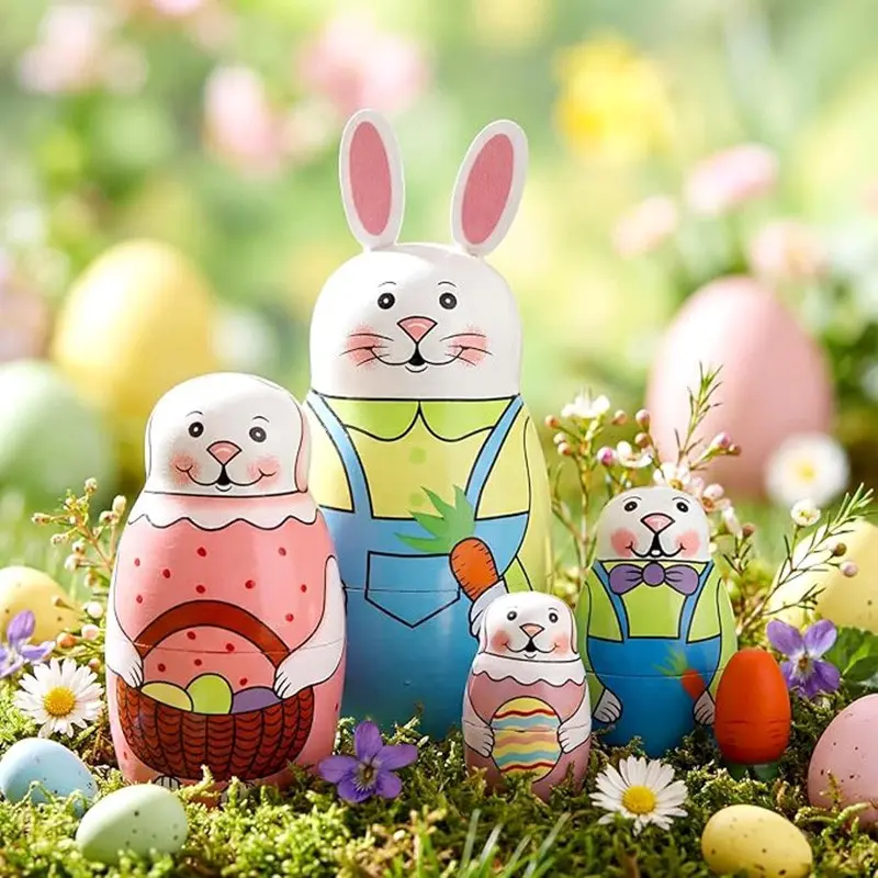 5pcs/set Easter Bunny Home Decor Set, Handmade Wooden Russian Nesting Dolls,Matryoshka Dolls,Stacking Toys, Kids Educational Gifts, Easter Party Presents