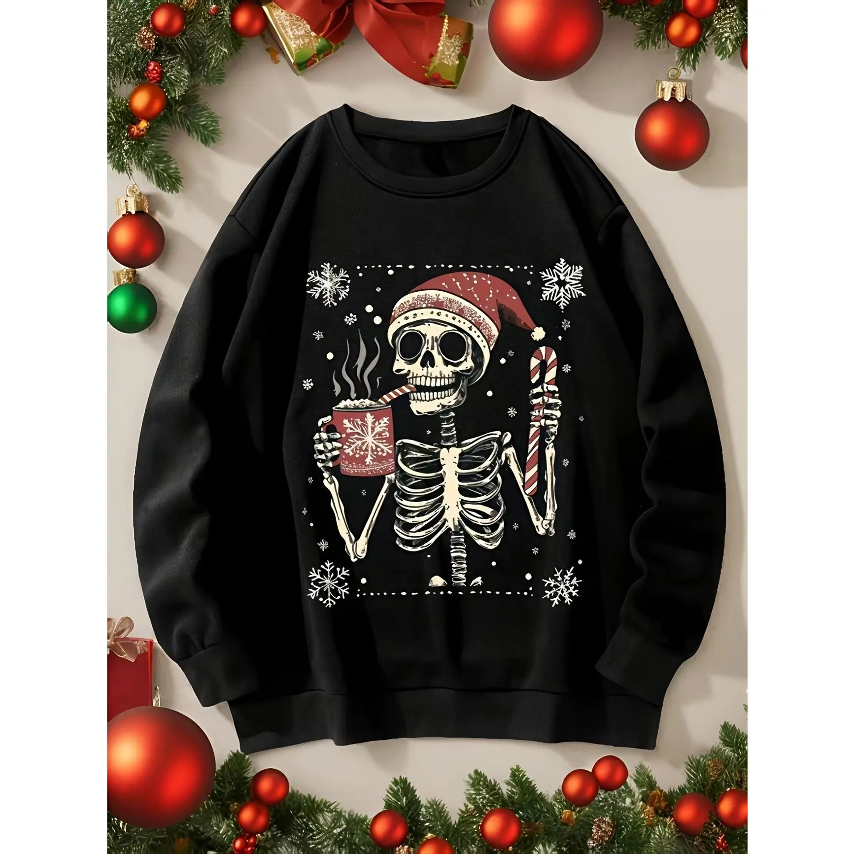 Christmas Skeleton Santa Graphic Oversized Cotton Crewneck Sweatshirt,Xmas Spooky Holiday Printed Craft Sweatshirt,Comfort Long Sleeve Top,Edgy Cute Fashion Outfit For Men Women,Great Christmas & Valentine’s Day Gift For Him Her,Ideal Holiday Present For