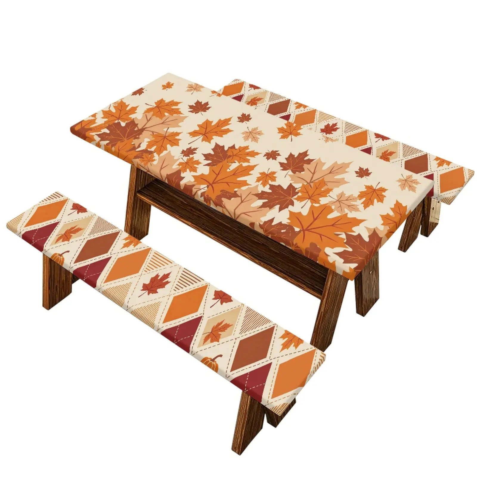 72X30 Inch Stretch Fitted Picnic Tablecloth and Bench Cover Set, Waterproof Heavy Duty Outdoor Tablecloth, Fall Turkey Maple Music Note Patch Print, Slip Resistant Easy Clean Protector for Backyard, Park, BBQ, Picnic, Camping