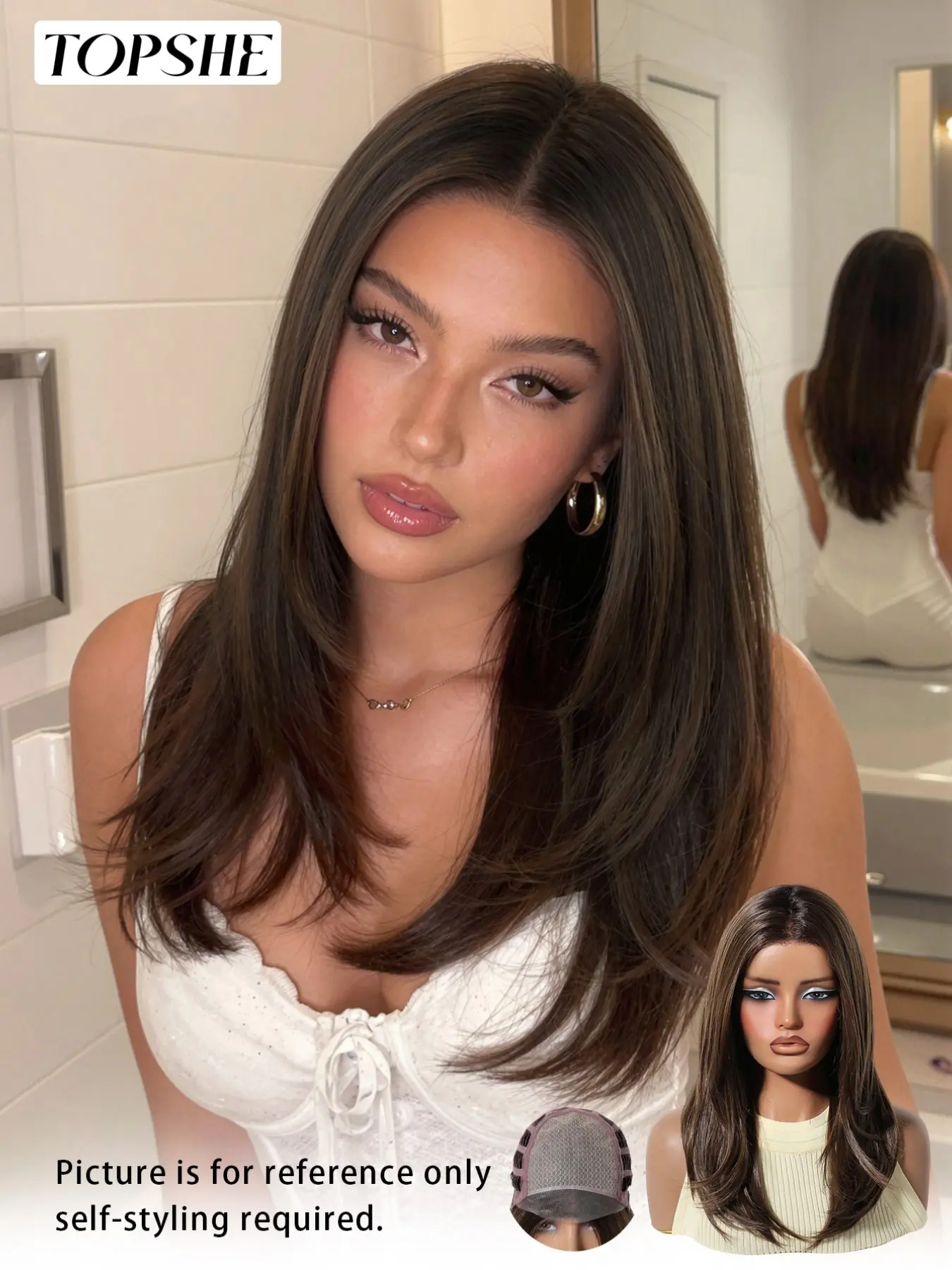 Topshe High-Definition Lace Mono Wig, Warm Chocolate V-Layer Medium Straight Hair, Hand-Tied Top Net, Heat-Resistant Women's Wig