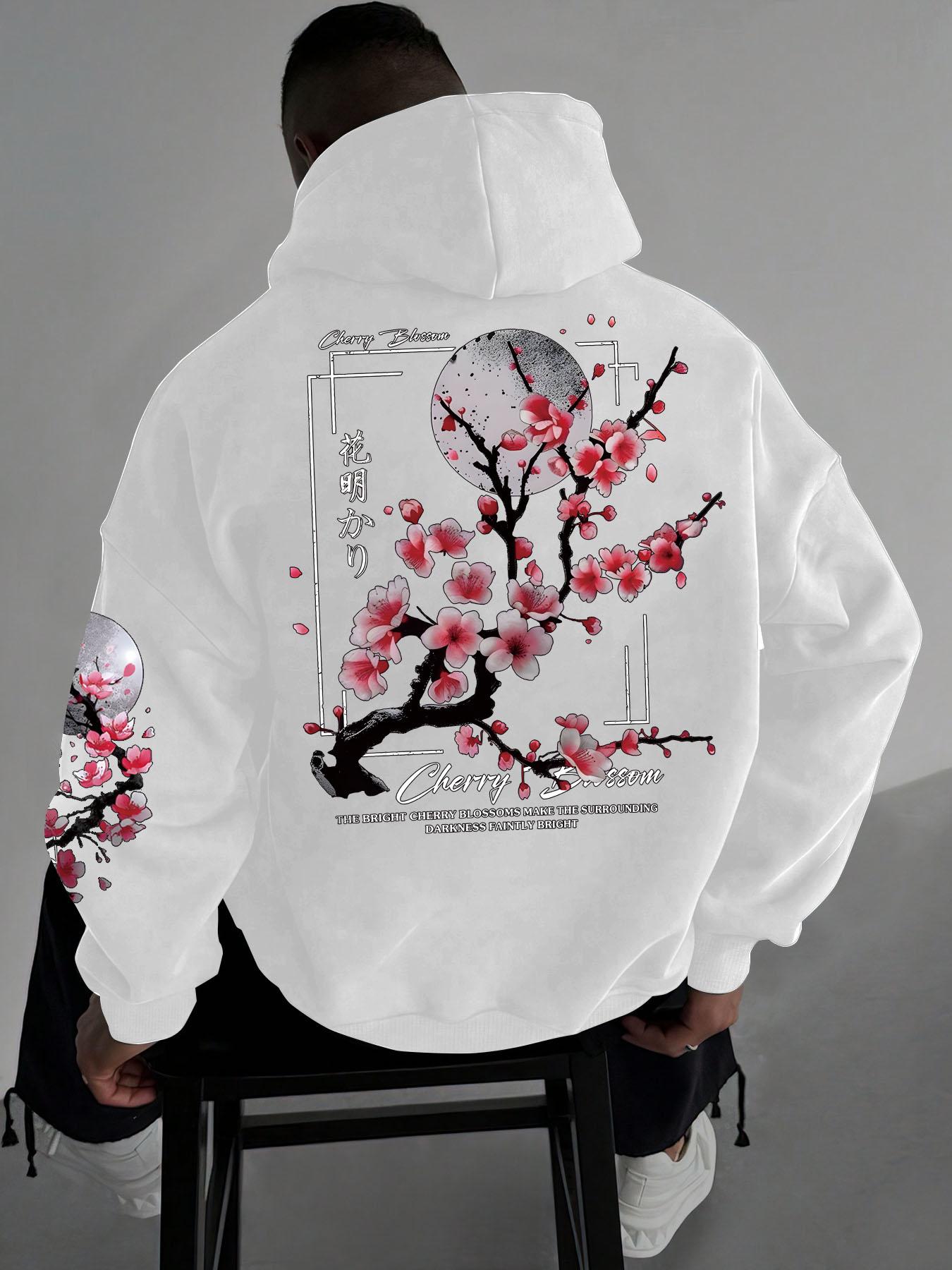Men's Floral Print Drop Shoulder Thermal Lined Hoodie, Floral Hoodies, Fashion Casual Regular Fit Drawstring Pocket Hooded Sweatshirt, Casual Streetwear Sweatshirt for Daily Holiday Outdoor Wear, Men Clothes for Fall & Winter